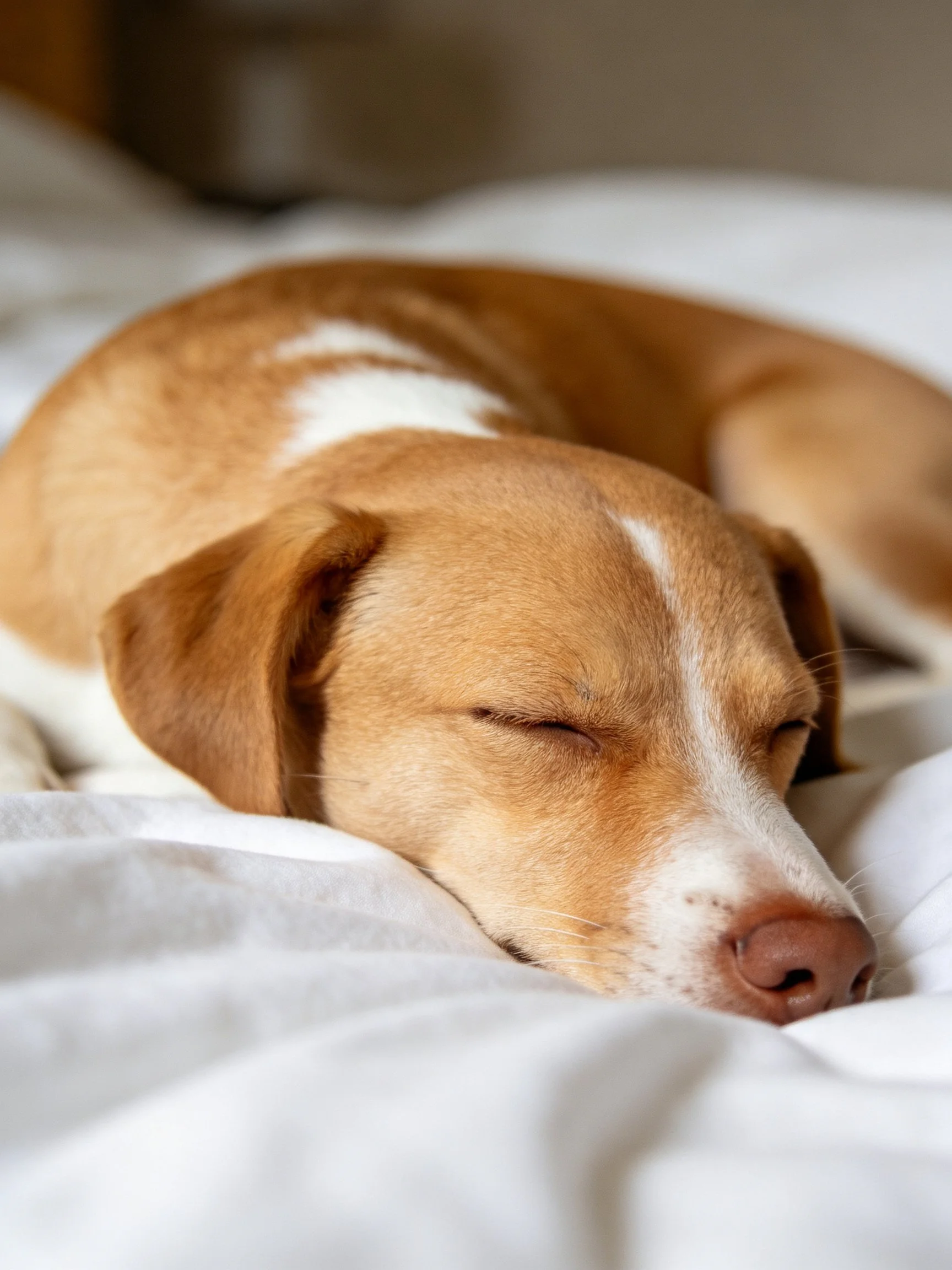A tan and white dog sleeps peacefully on soft white sheets