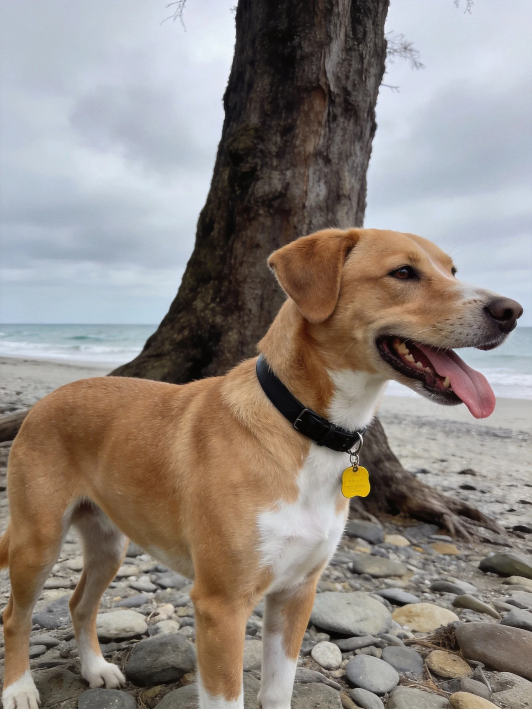 A tan and white dog stands on a rocky beach beside a large tree with the ocean in the distance