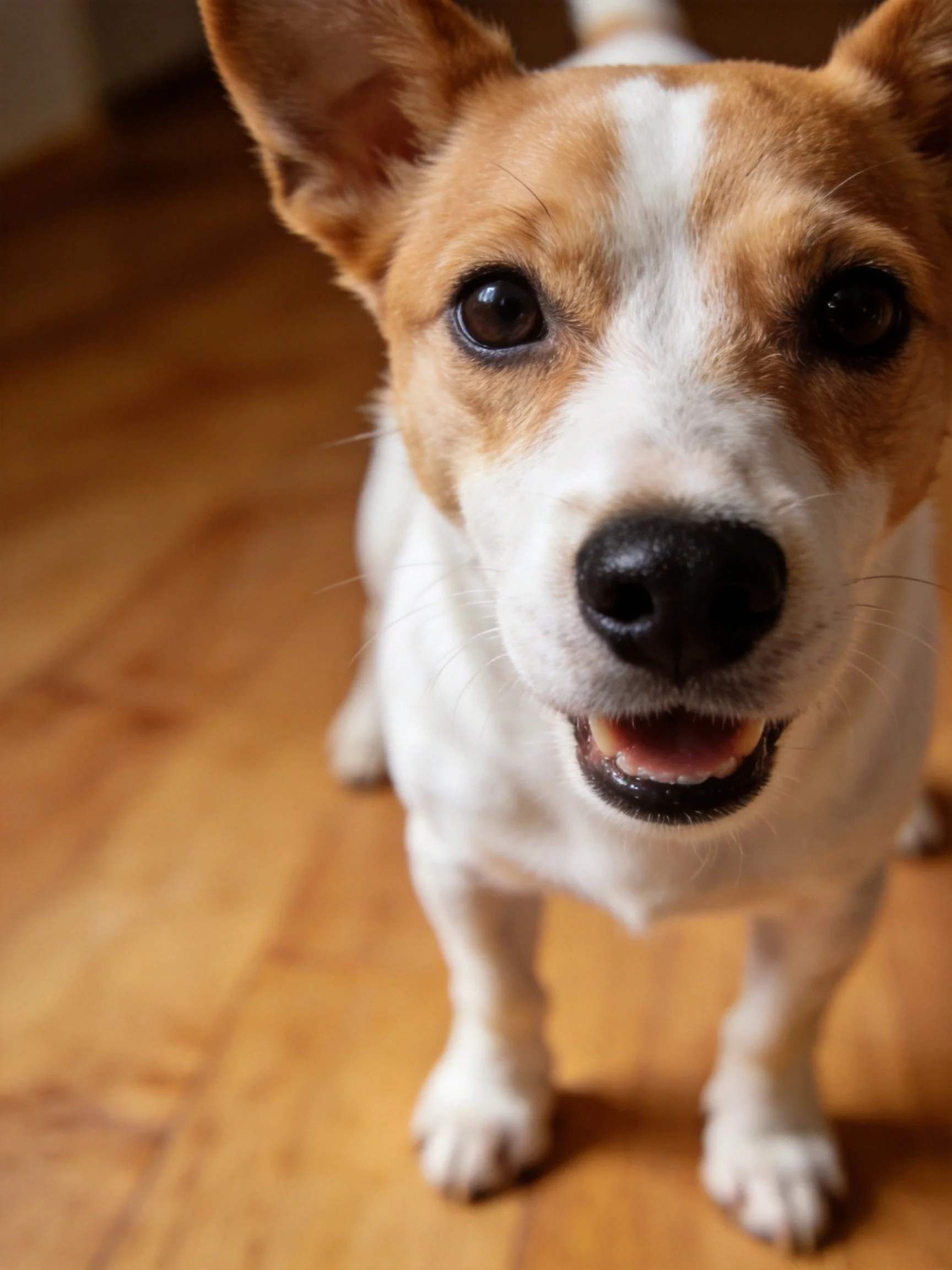 A tan and white dog gazes upward on a wooden floor.