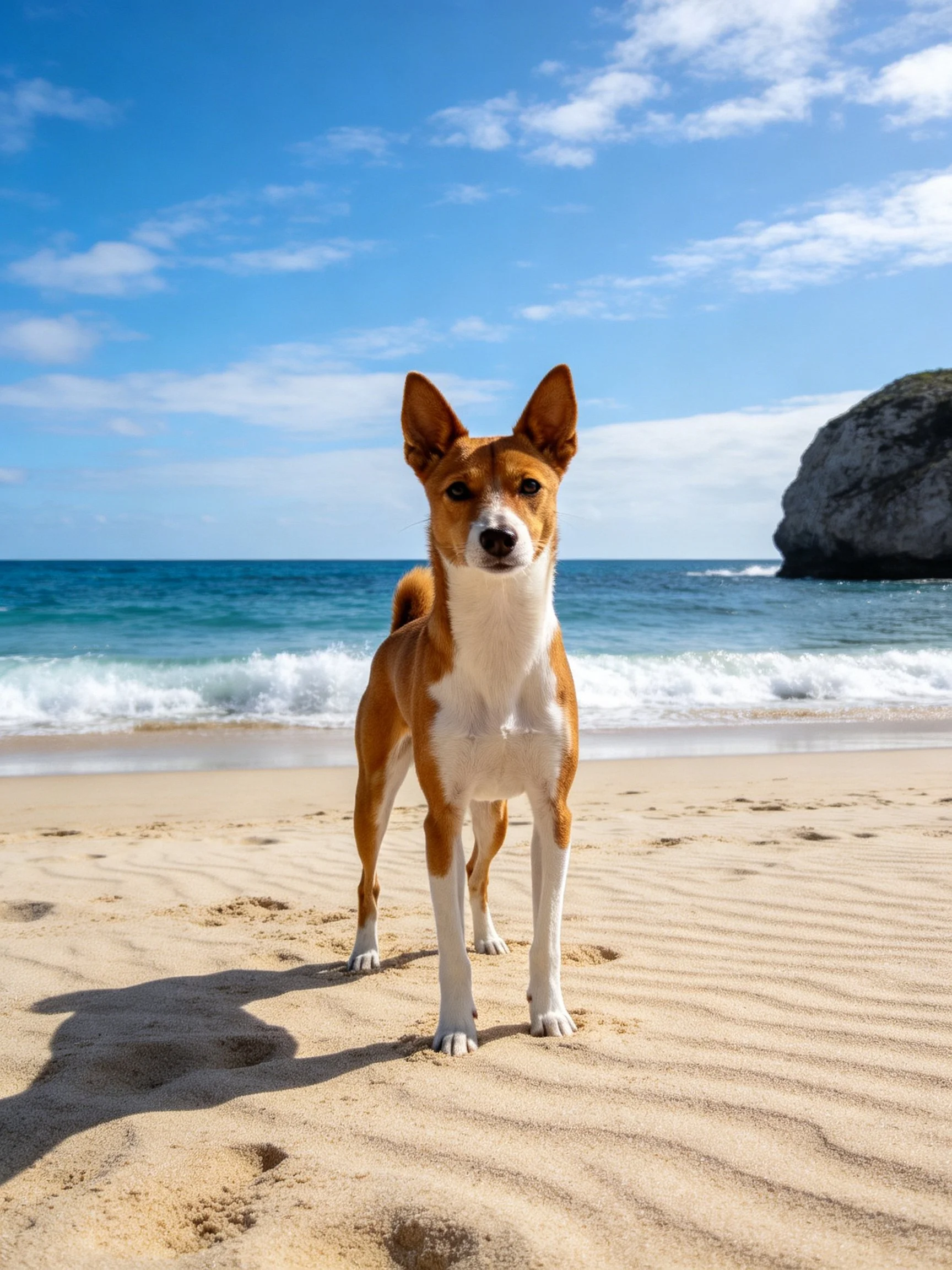 A tan and white dog stands on a sandy beach near turquoise ocean waters.