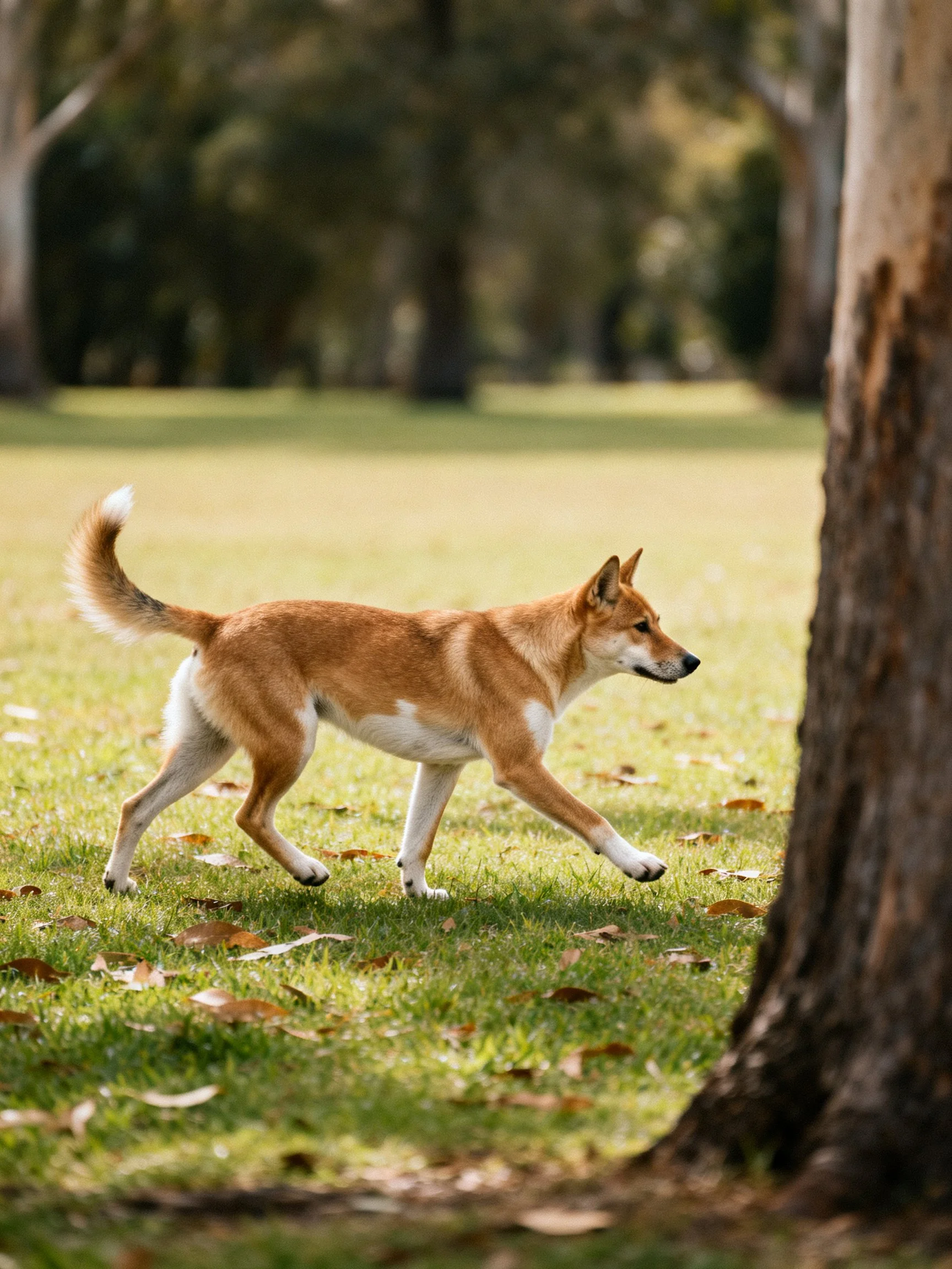 A tan and white dog walks through a leaf-littered grassy park with tall trees