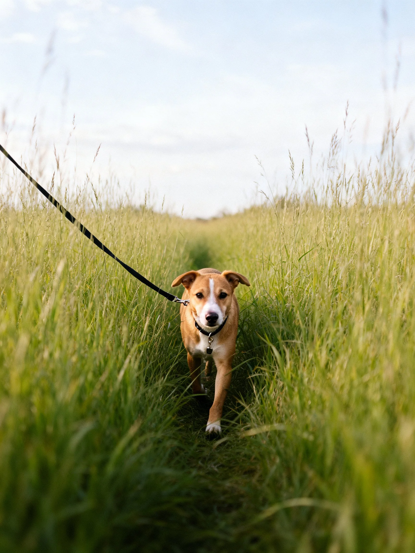A tan and white dog walks through tall green grass on a leash