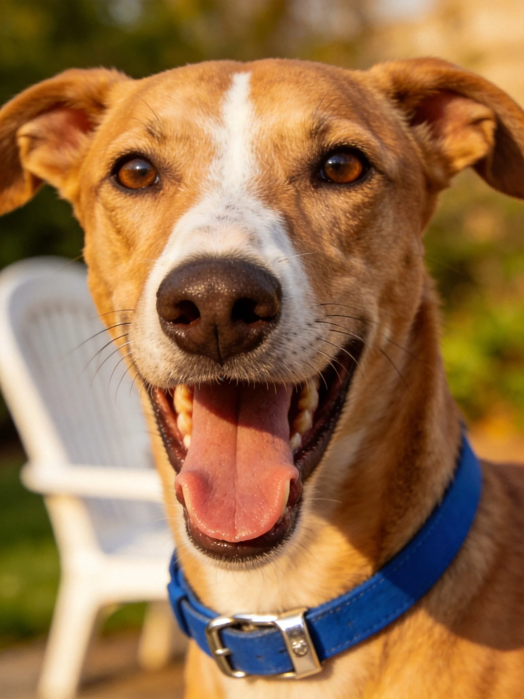 A cheerful tan and white dog with an open mouth enjoys time outdoors.