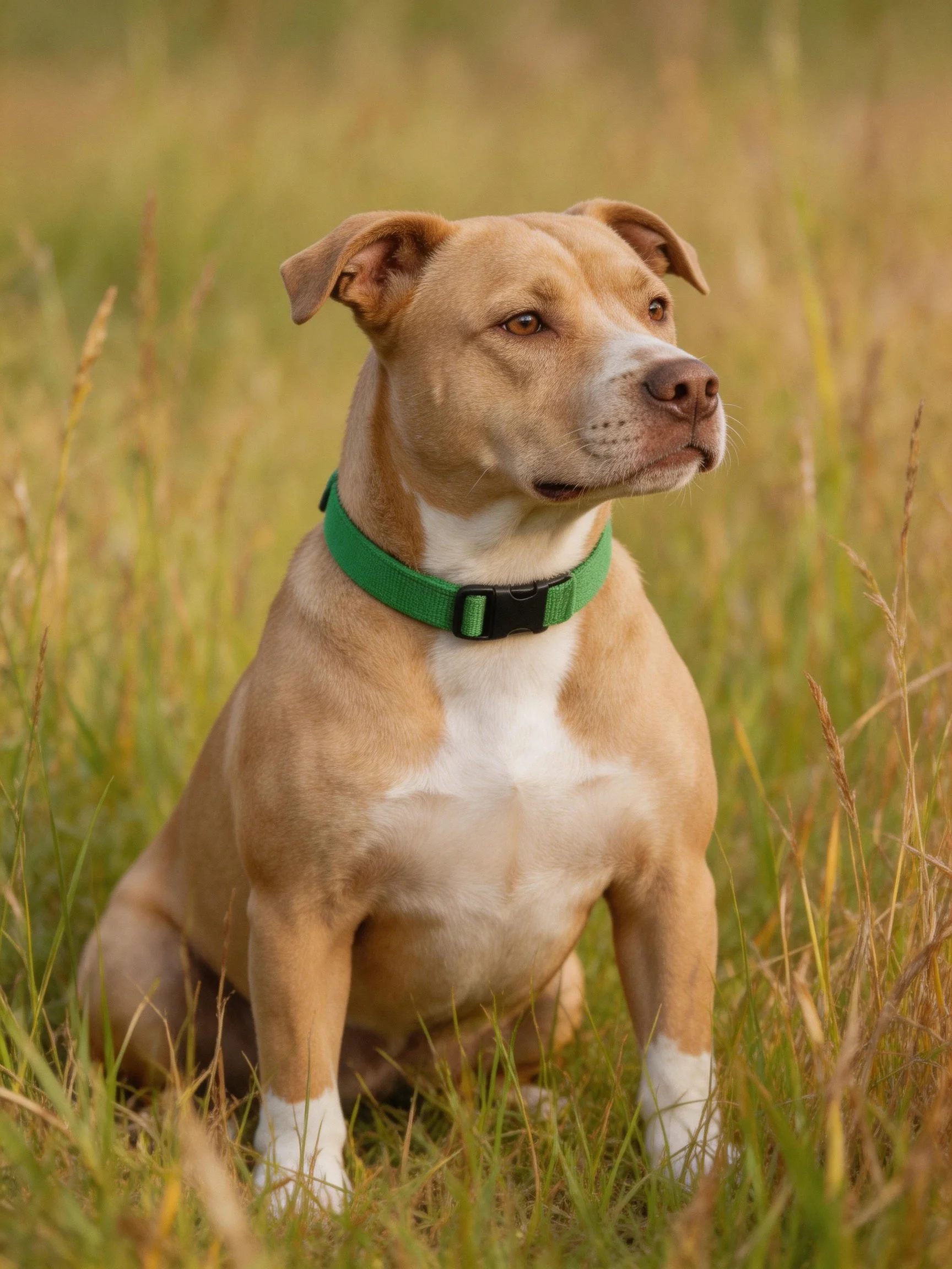 A tan and white dog with a green collar sits calmly among tall grass.