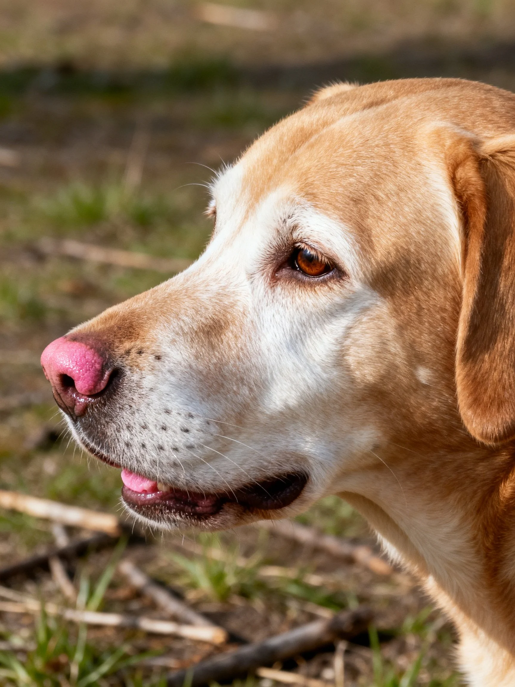 A tan and white dog with a pink nose is shown in an outdoor landscape.