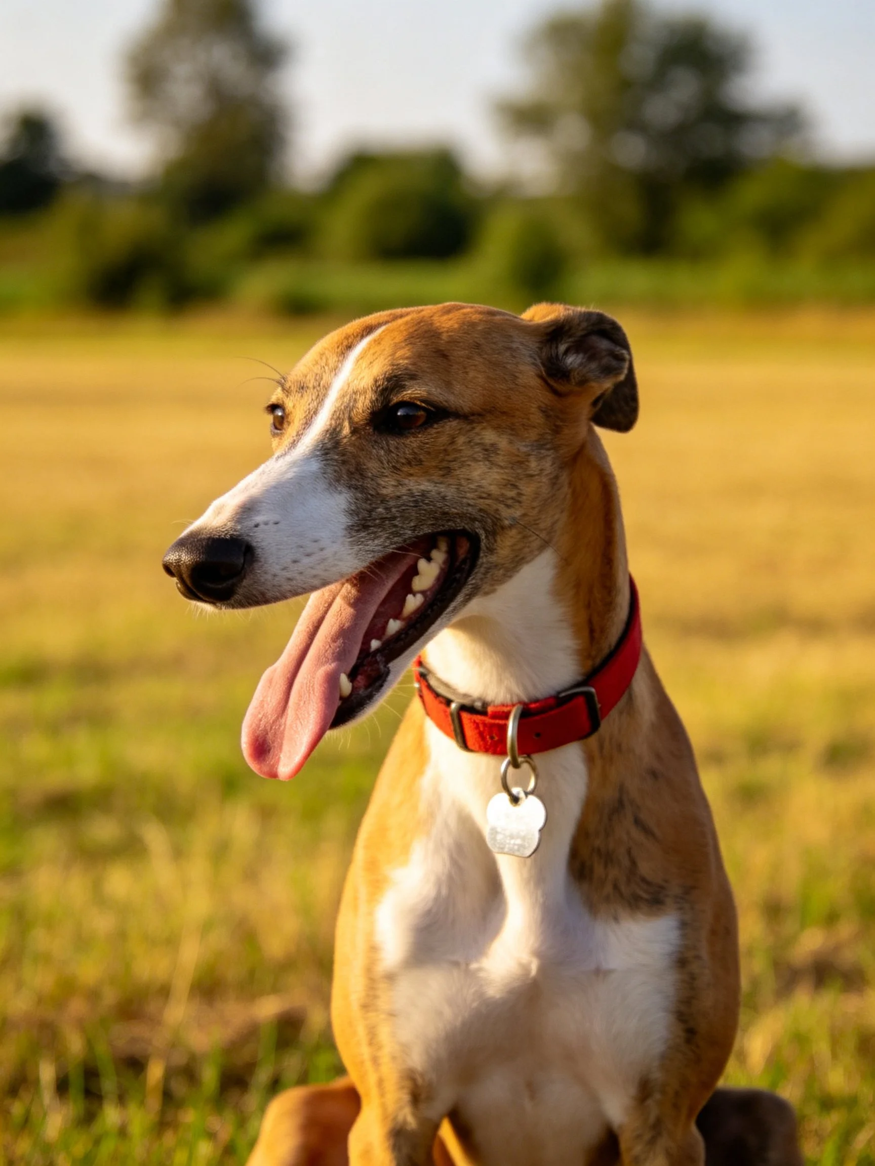 A tan and white dog with a red collar in a sunlit field
