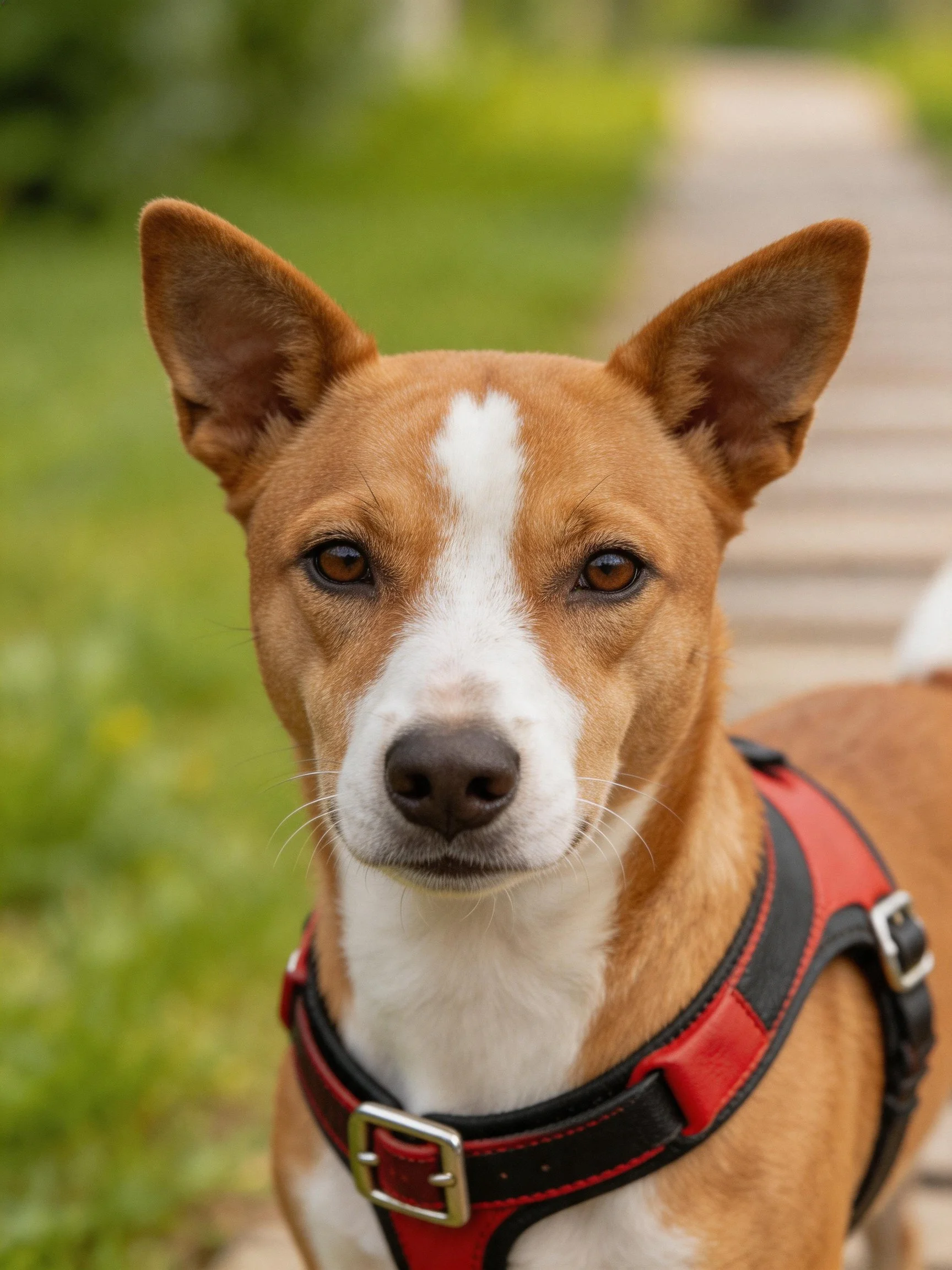 A tan and white dog with a red harness in an outdoor setting