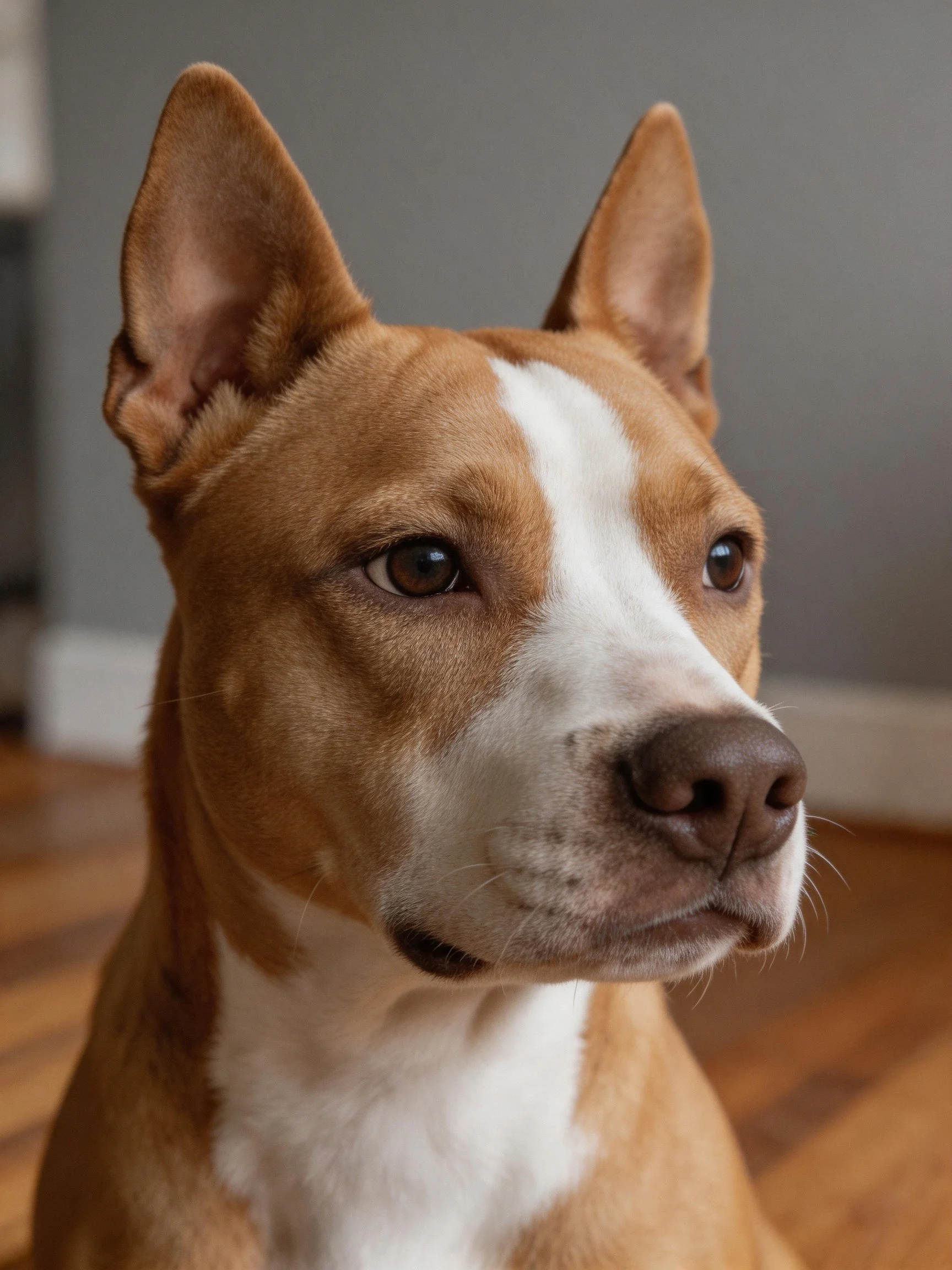 A tan and white dog with upright ears on wooden flooring