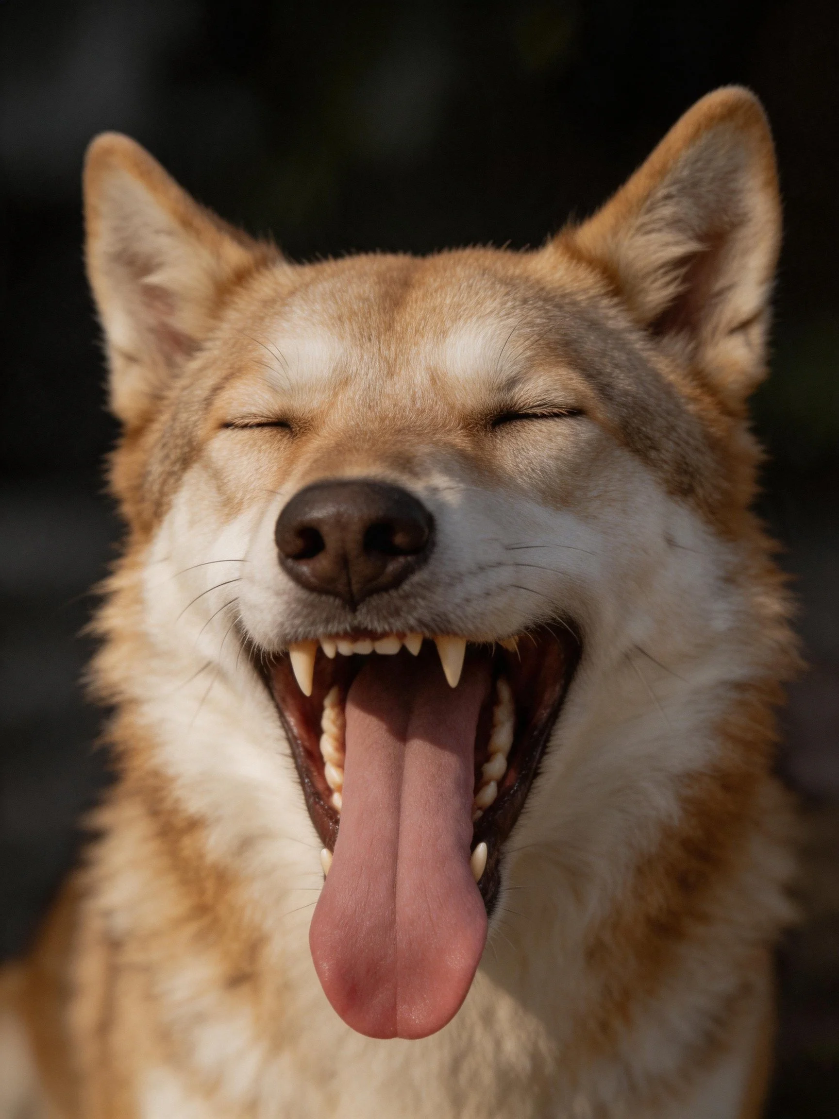 A tan and white dog yawns happily with eyes closed.