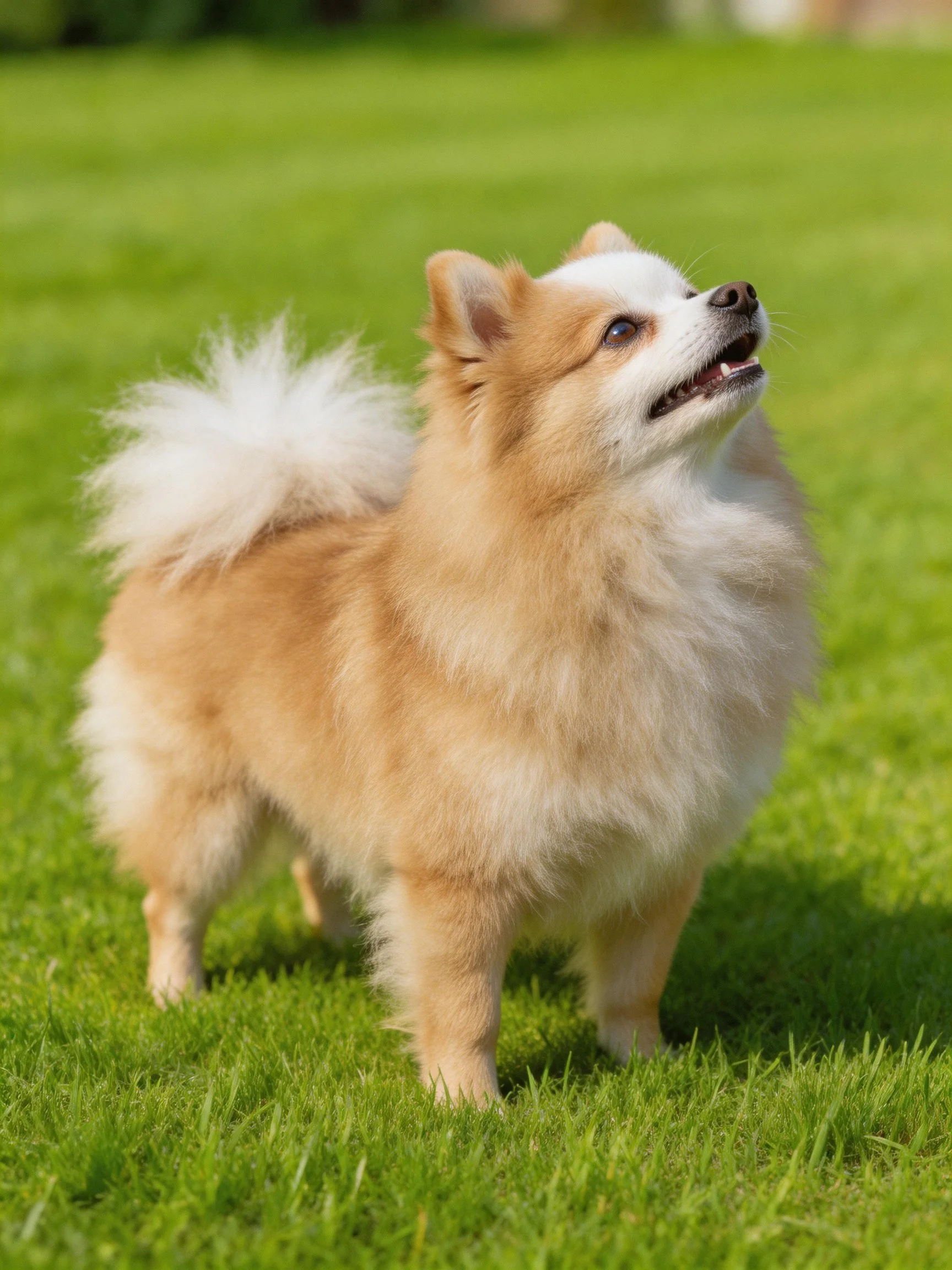 A tan and white fluffy dog stands alertly on vibrant green grass.
