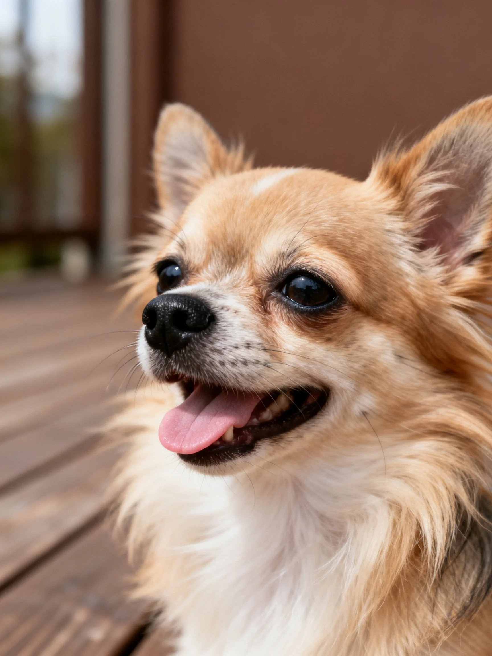 A cheerful tan and white long-haired dog relaxes in an outdoor setting.