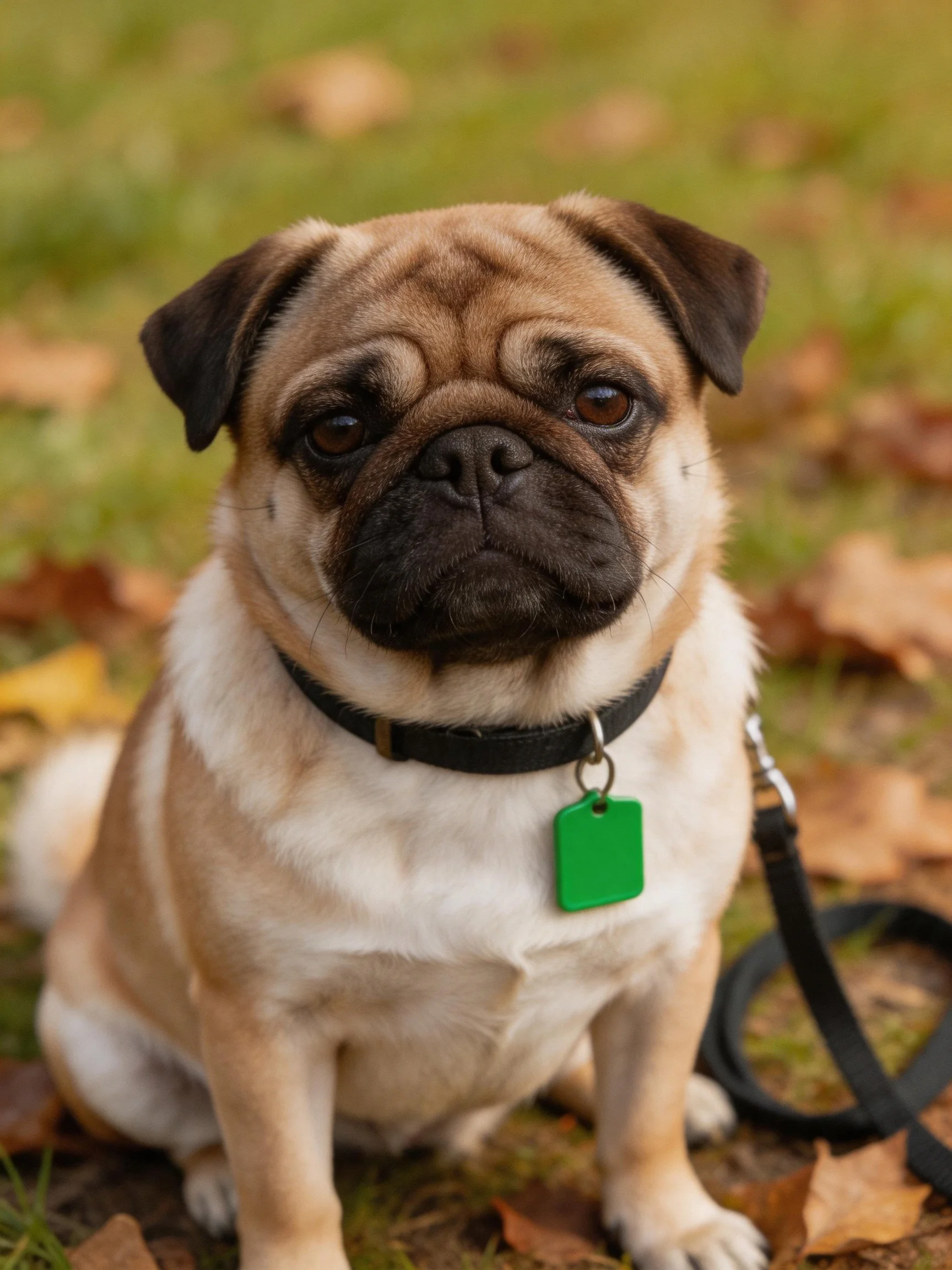 A pug with a black collar sits calmly amid fallen autumn leaves.