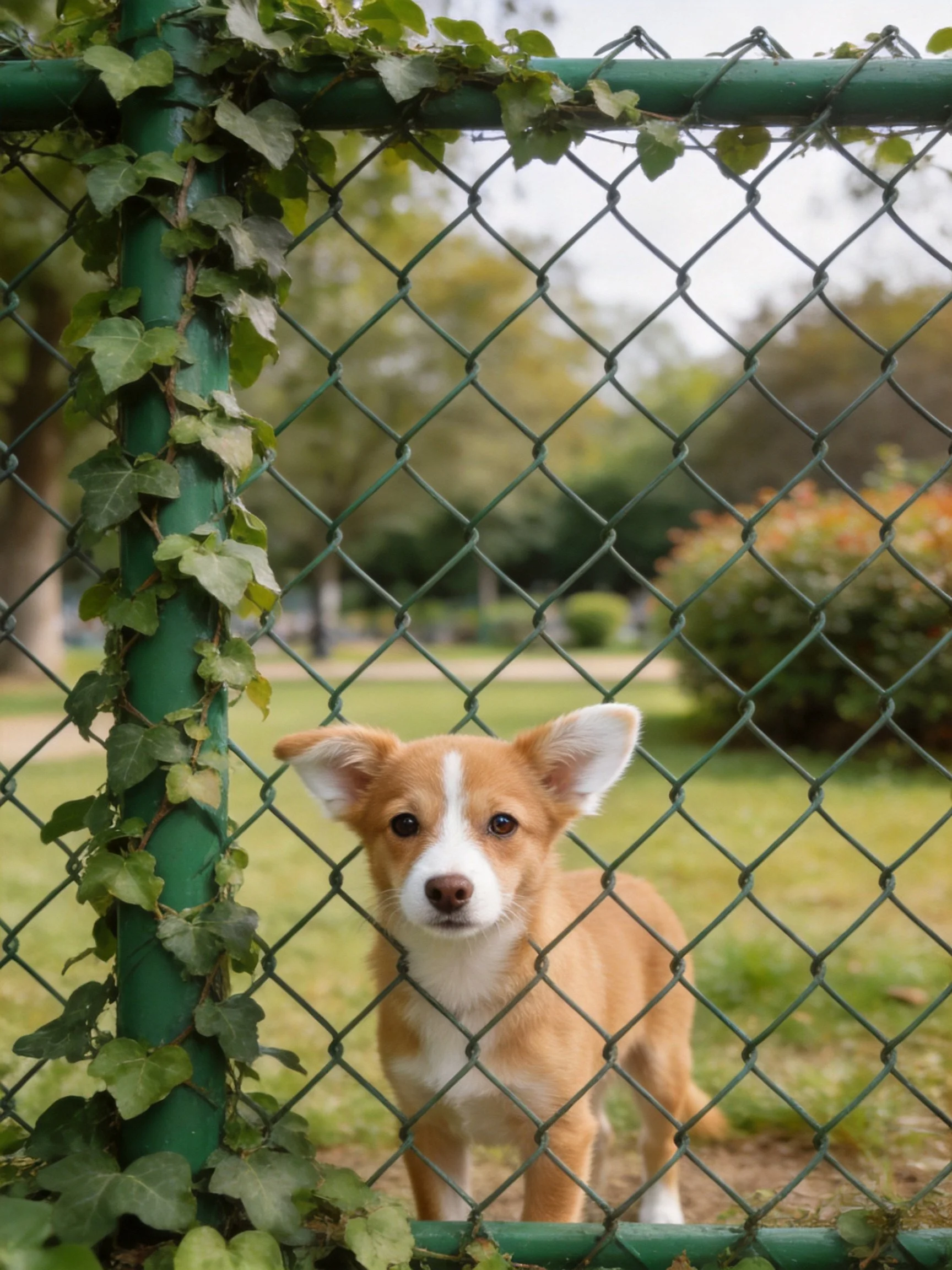 A tan and white puppy stands behind a green chain-link fence in a park.
