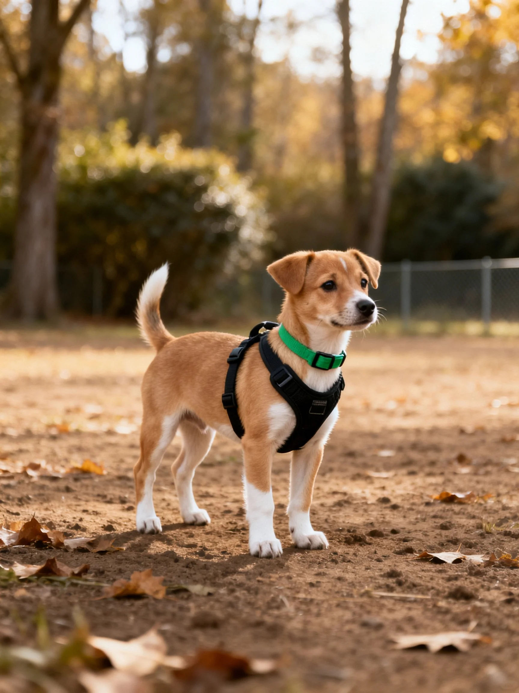 A small tan and white puppy in a black harness stands on dirt near trees