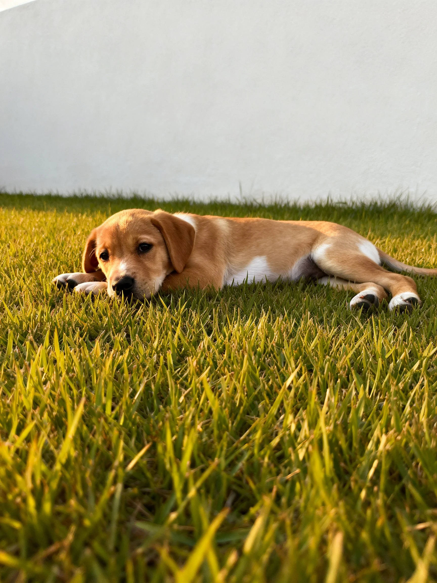A tan and white puppy rests on a patch of green grass.