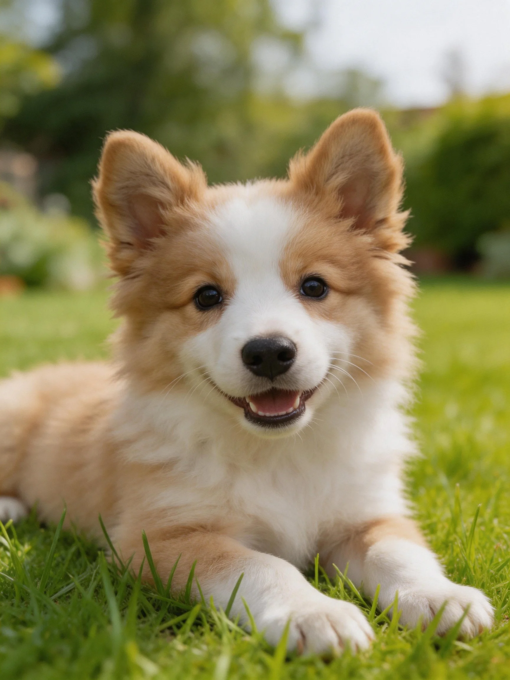 A tan and white puppy relaxes on vibrant grass in a sunlit outdoor area.