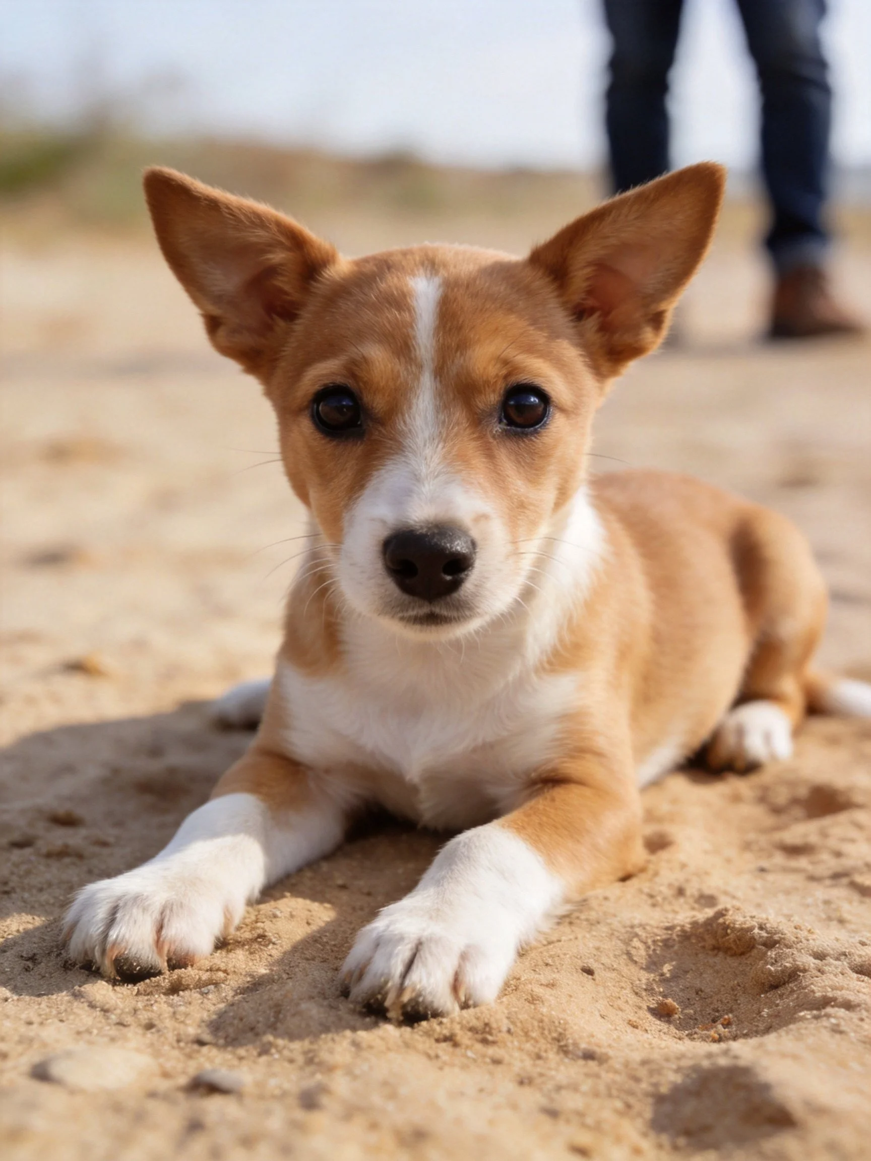 A tan and white puppy lies on sand with a person standing behind