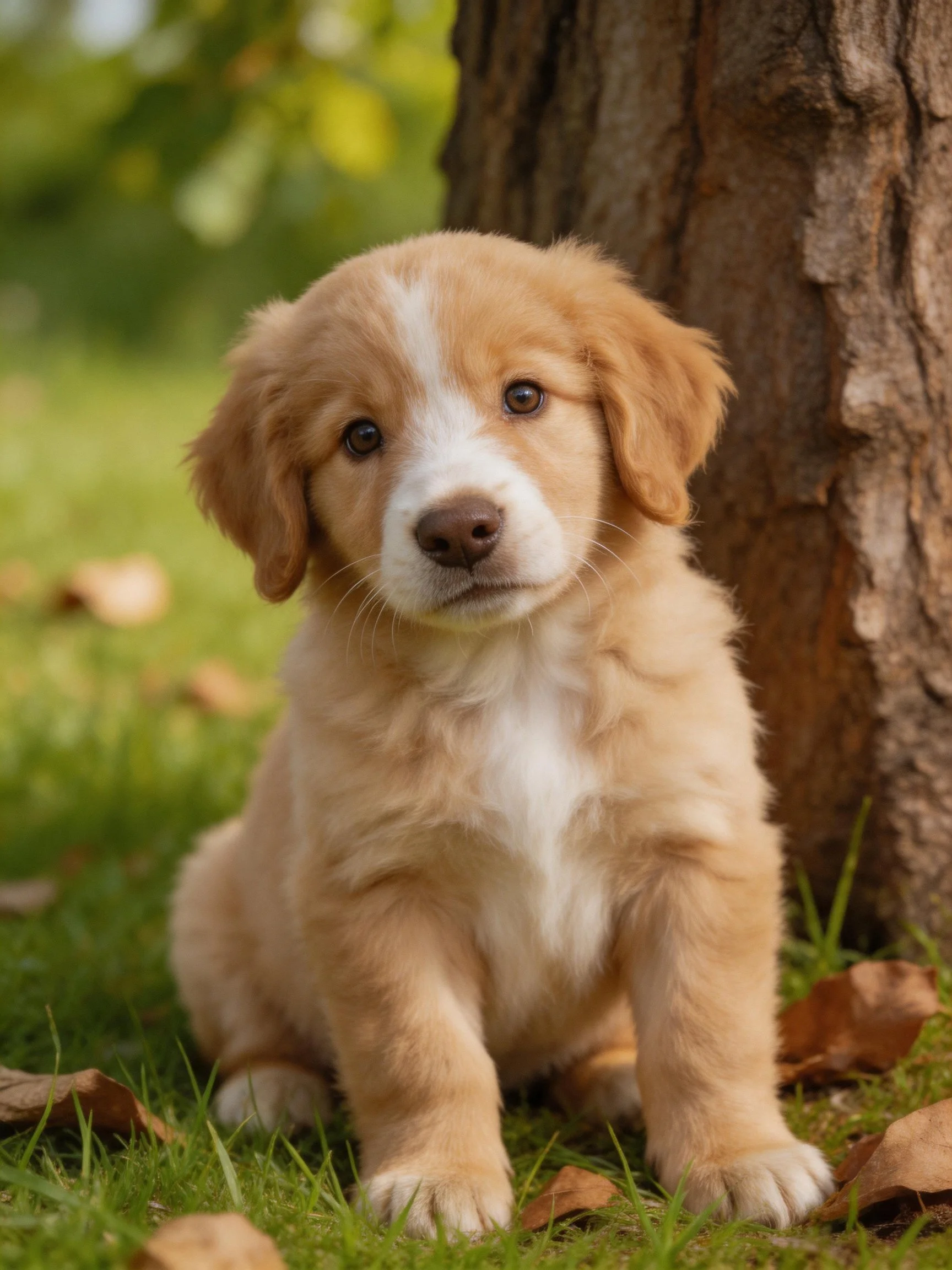 A young dog with tan and white fur is positioned near a tree trunk in a grassy setting.
