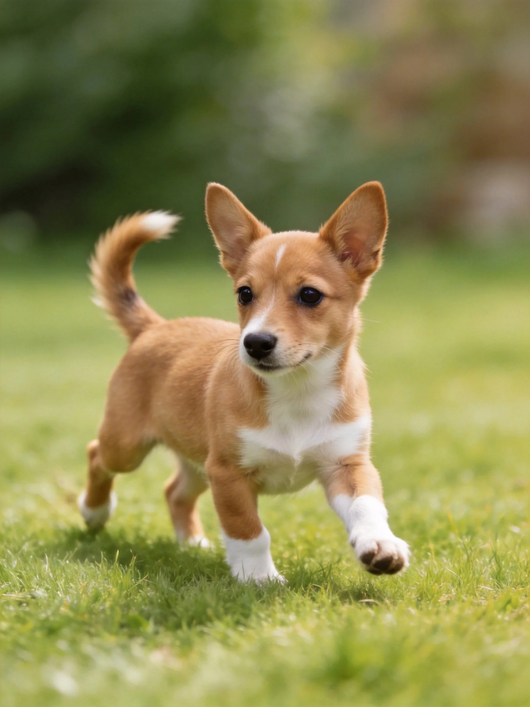 A tan and white puppy runs energetically on a bright green lawn.