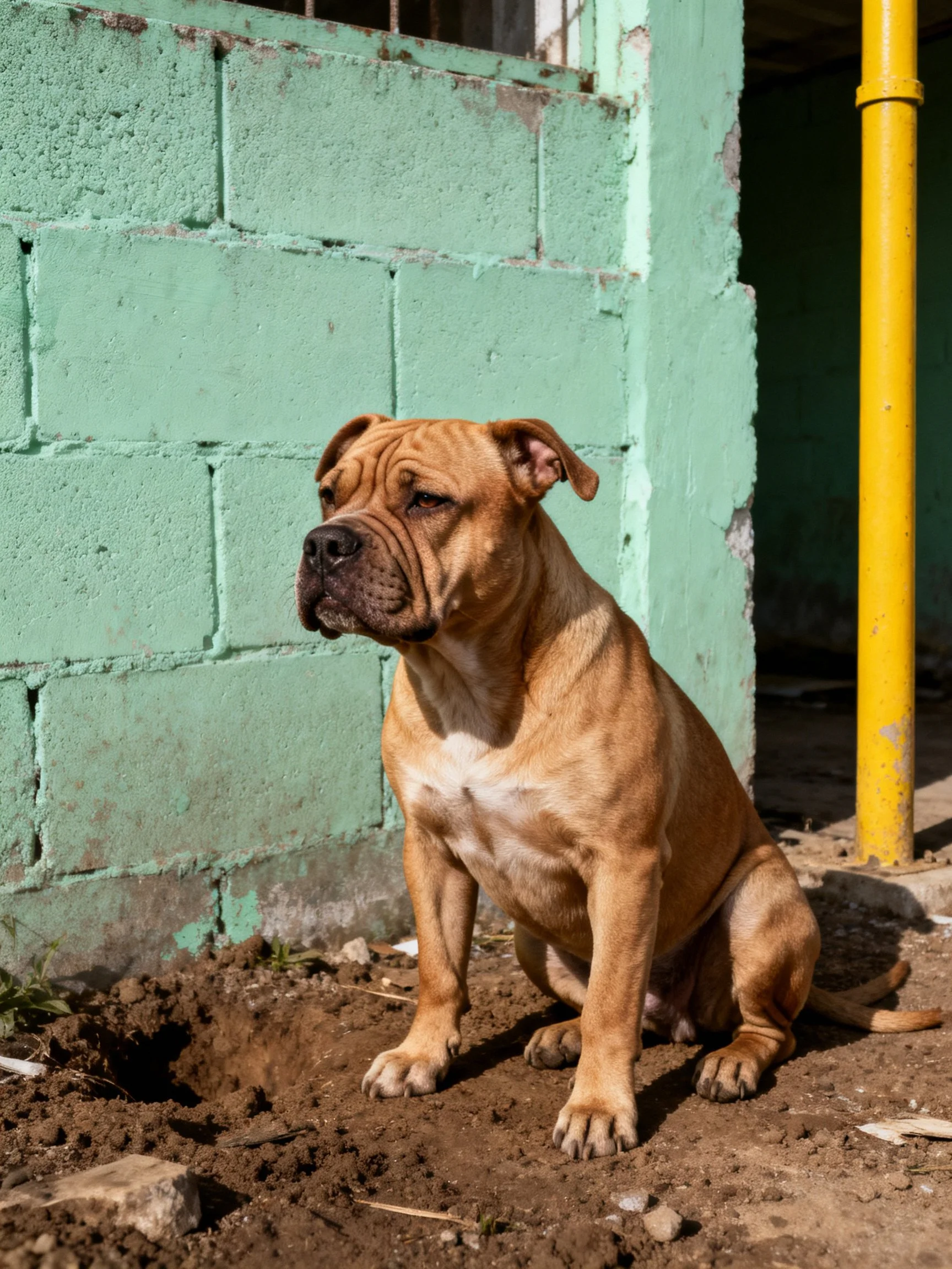 A tan bulldog sits calmly beside an aged green brick wall.