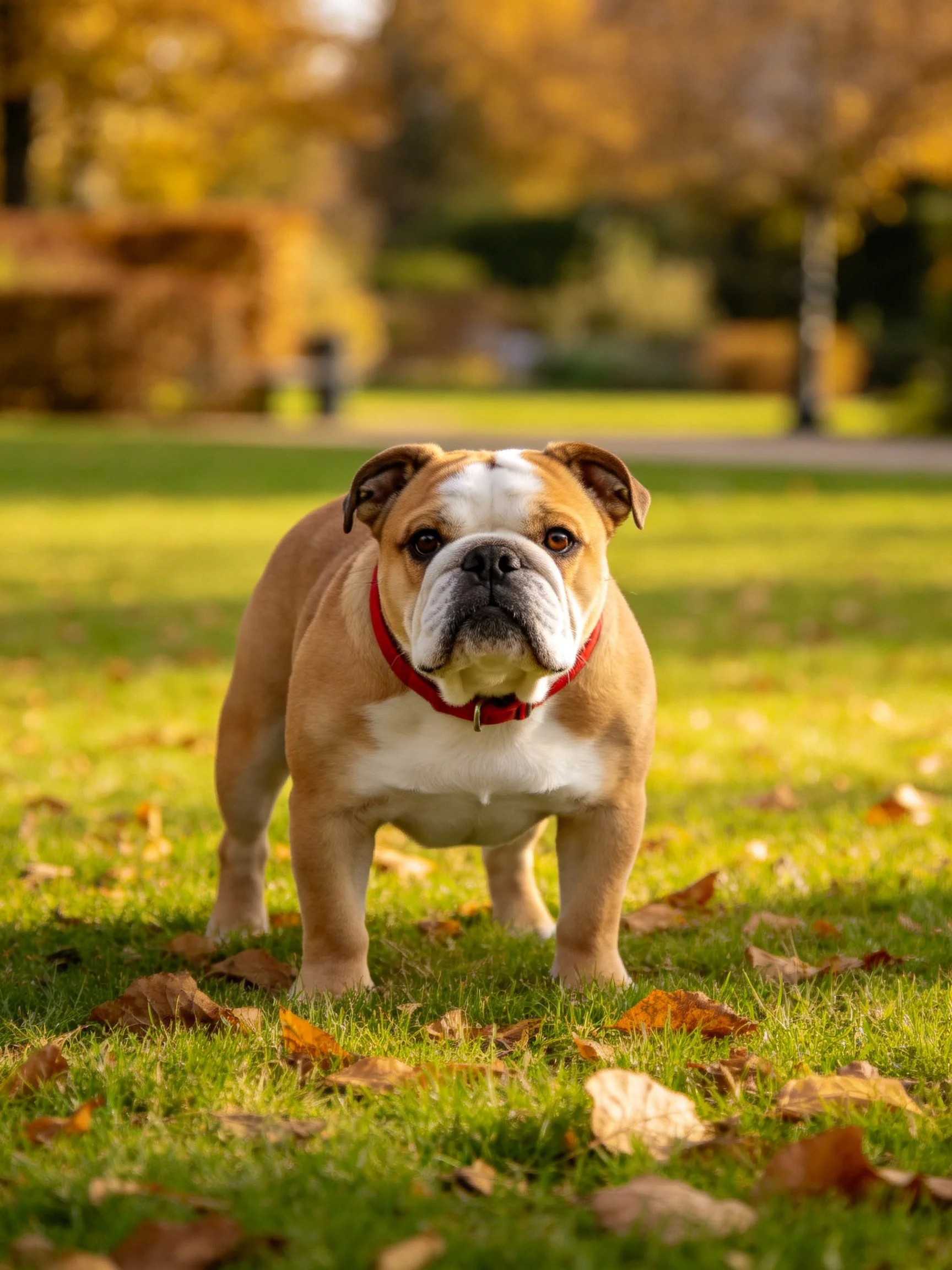 A tan bulldog stands in a sunlit park with autumn elements.