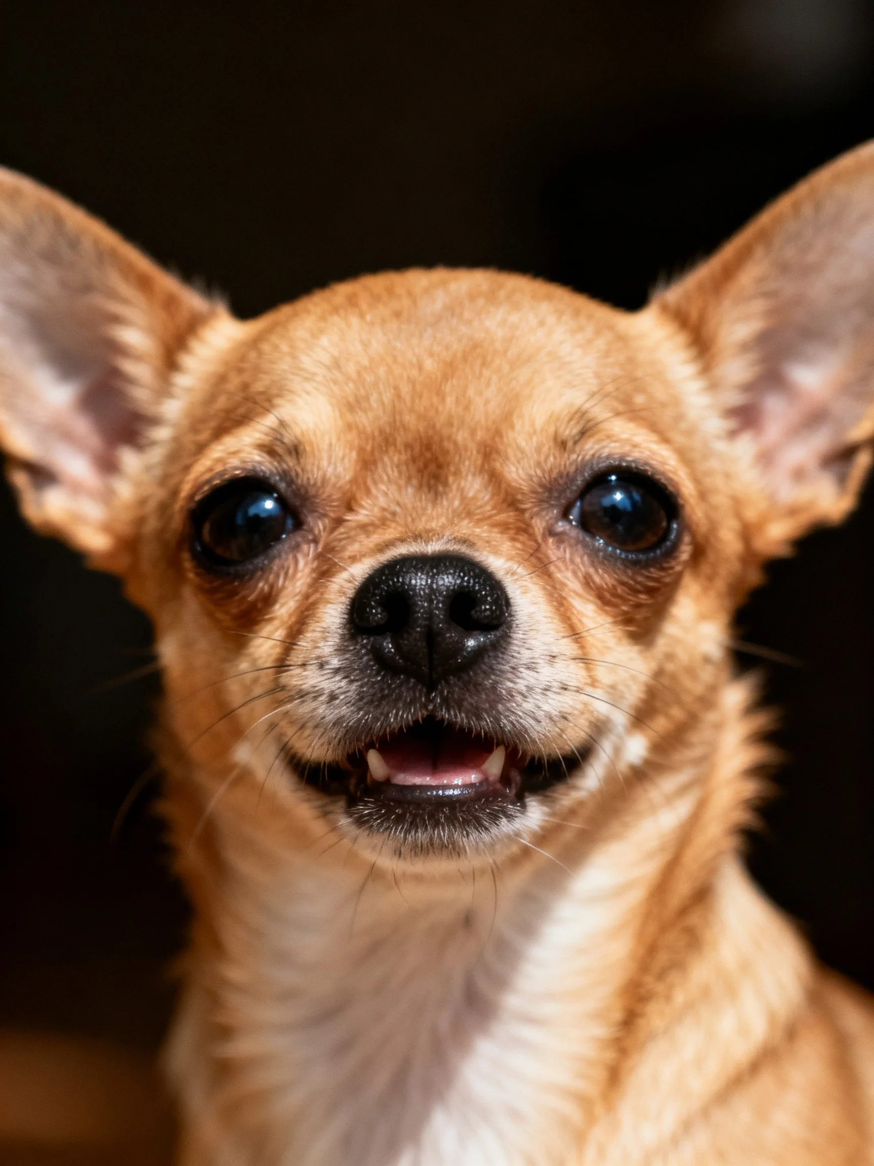 A tan-coated Chihuahua with large ears and bright eyes