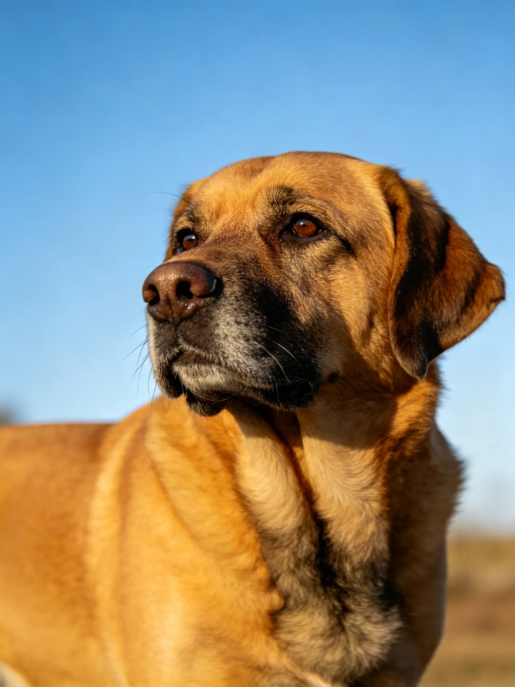A tan - coated dog gazes upward beneath a clear blue sky