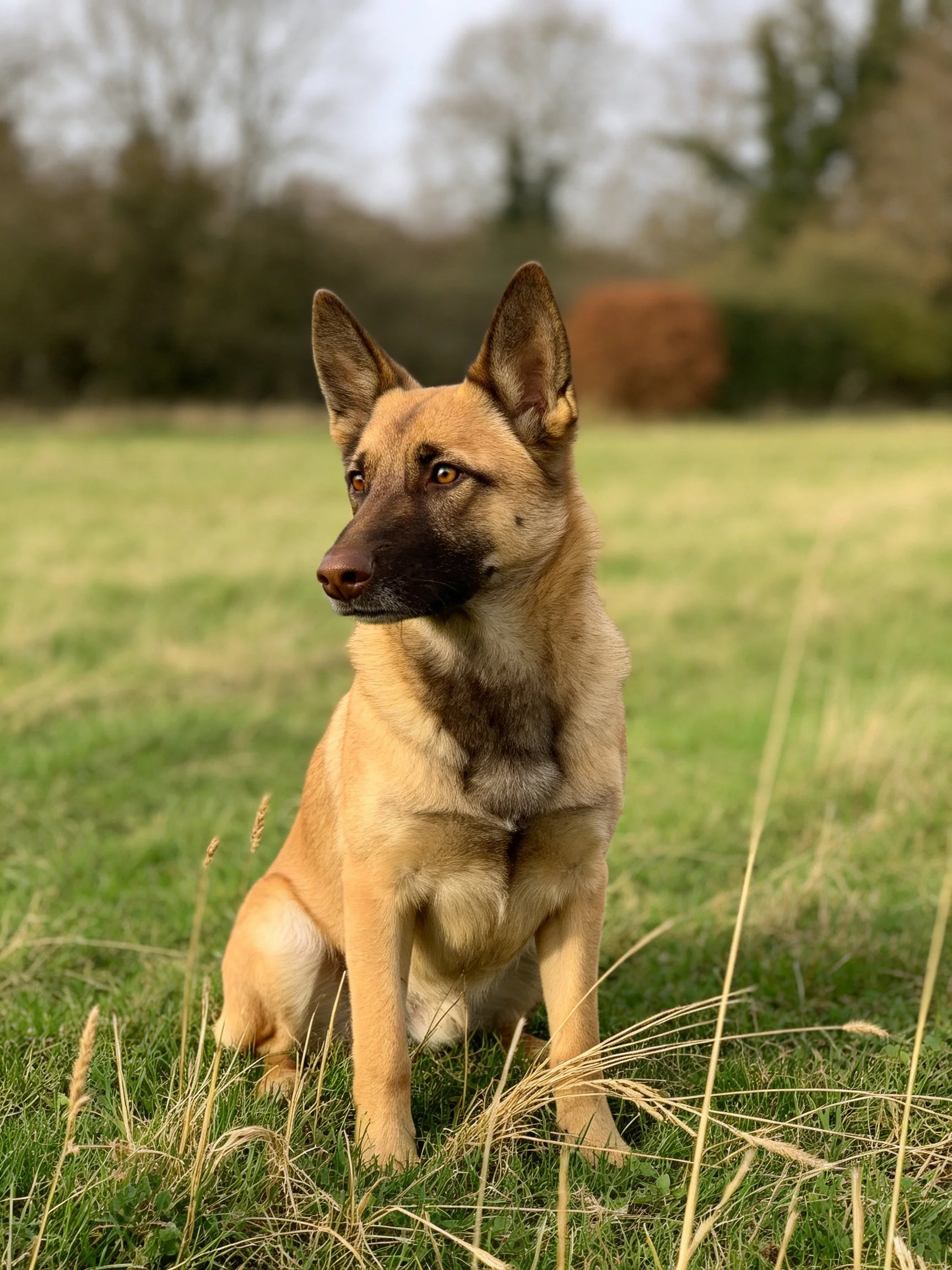A tan-coated dog sits alertly on a grassy field