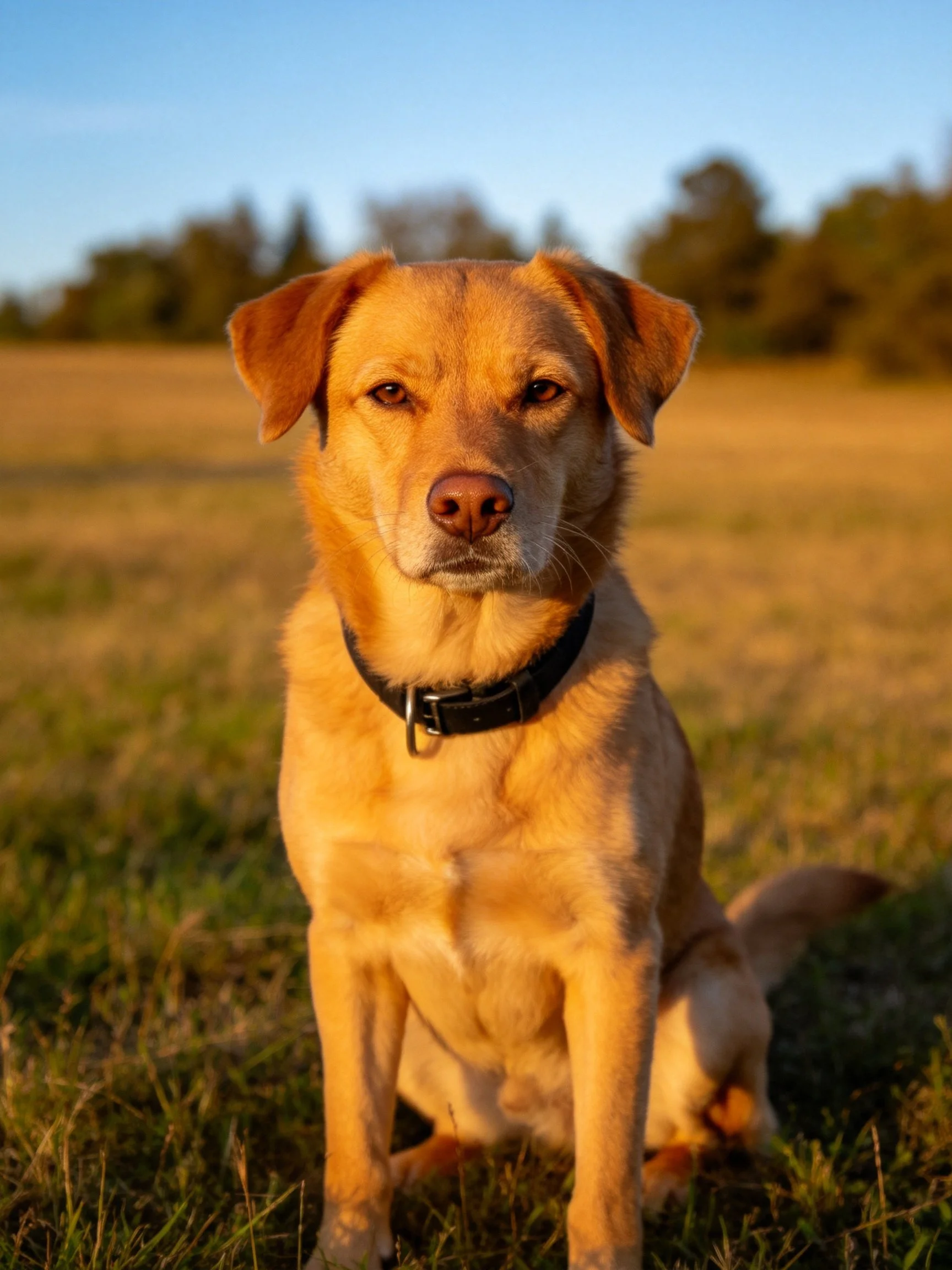 A tan - coated dog sits in a sunlit grassy field with distant trees