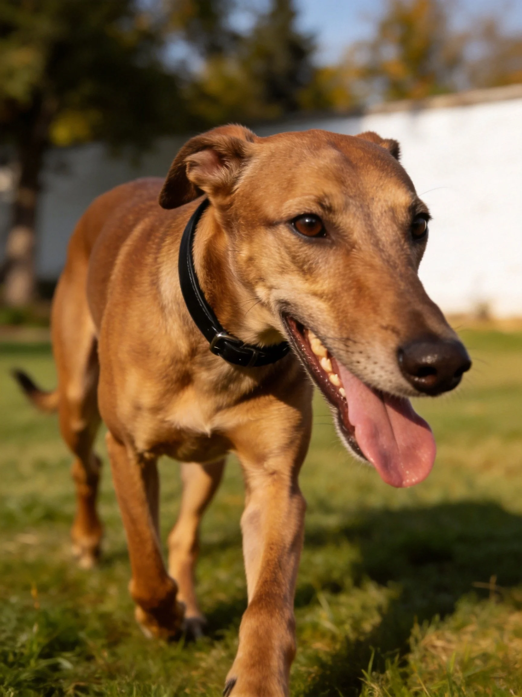 A tan - coated dog with a black collar walks on green grass