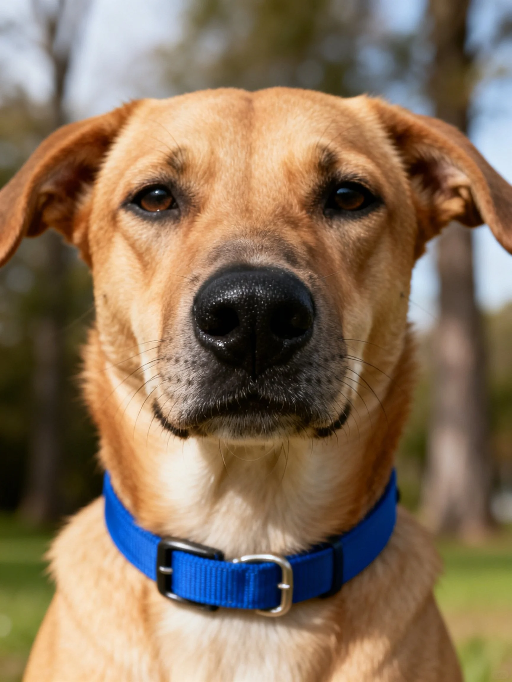 A tan - coated dog with a bright blue collar outdoors