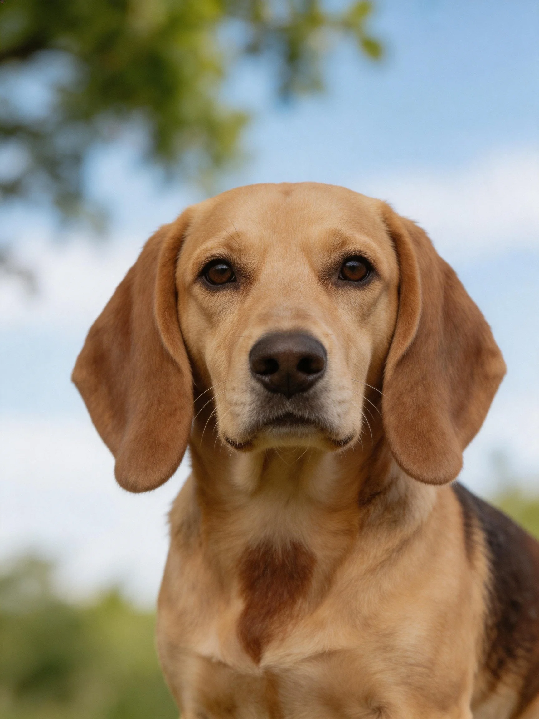A tan-coated dog with brown patches and long ears outdoors
