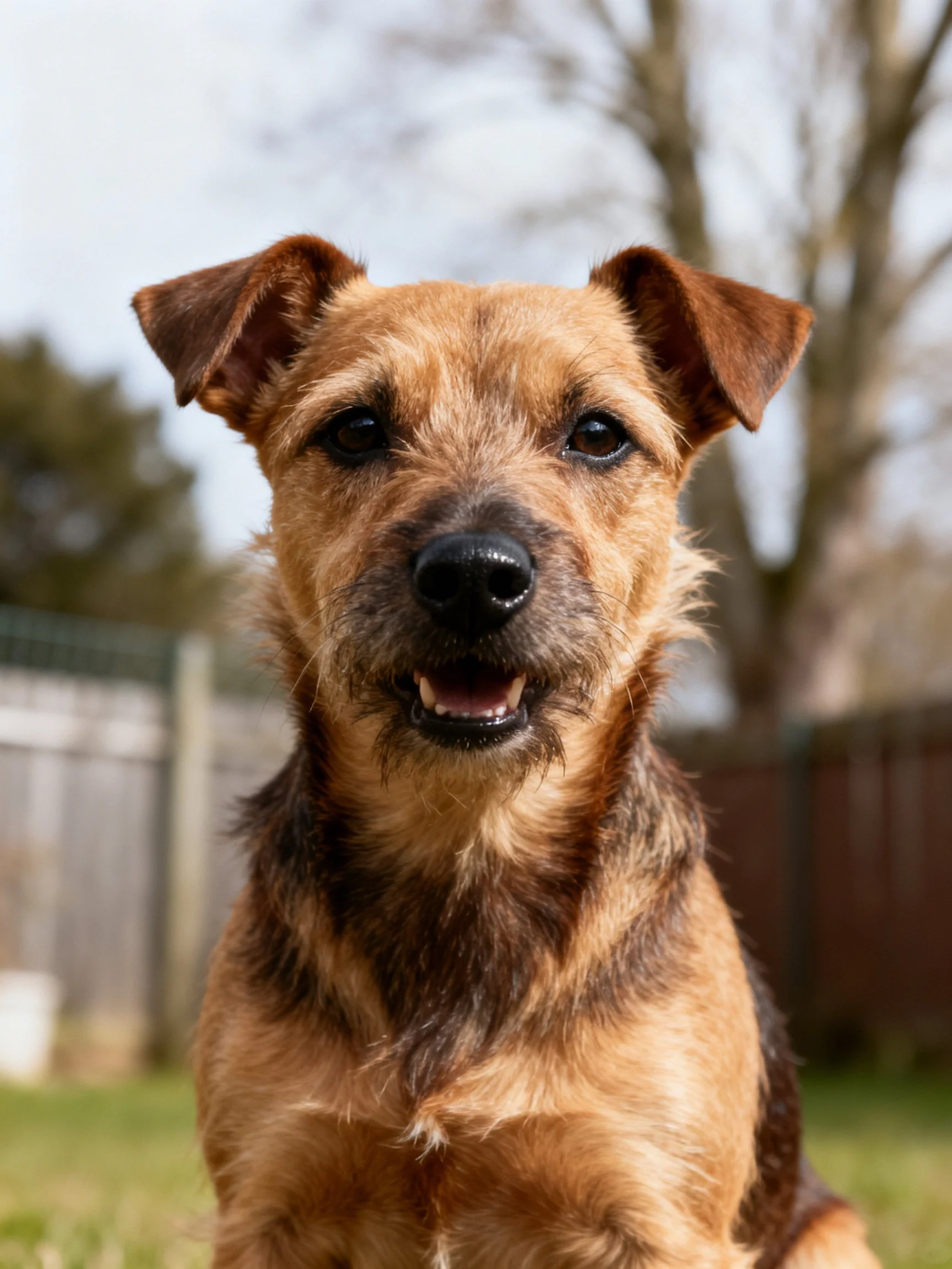A tan-coated dog with dark markings sits outdoors near trees