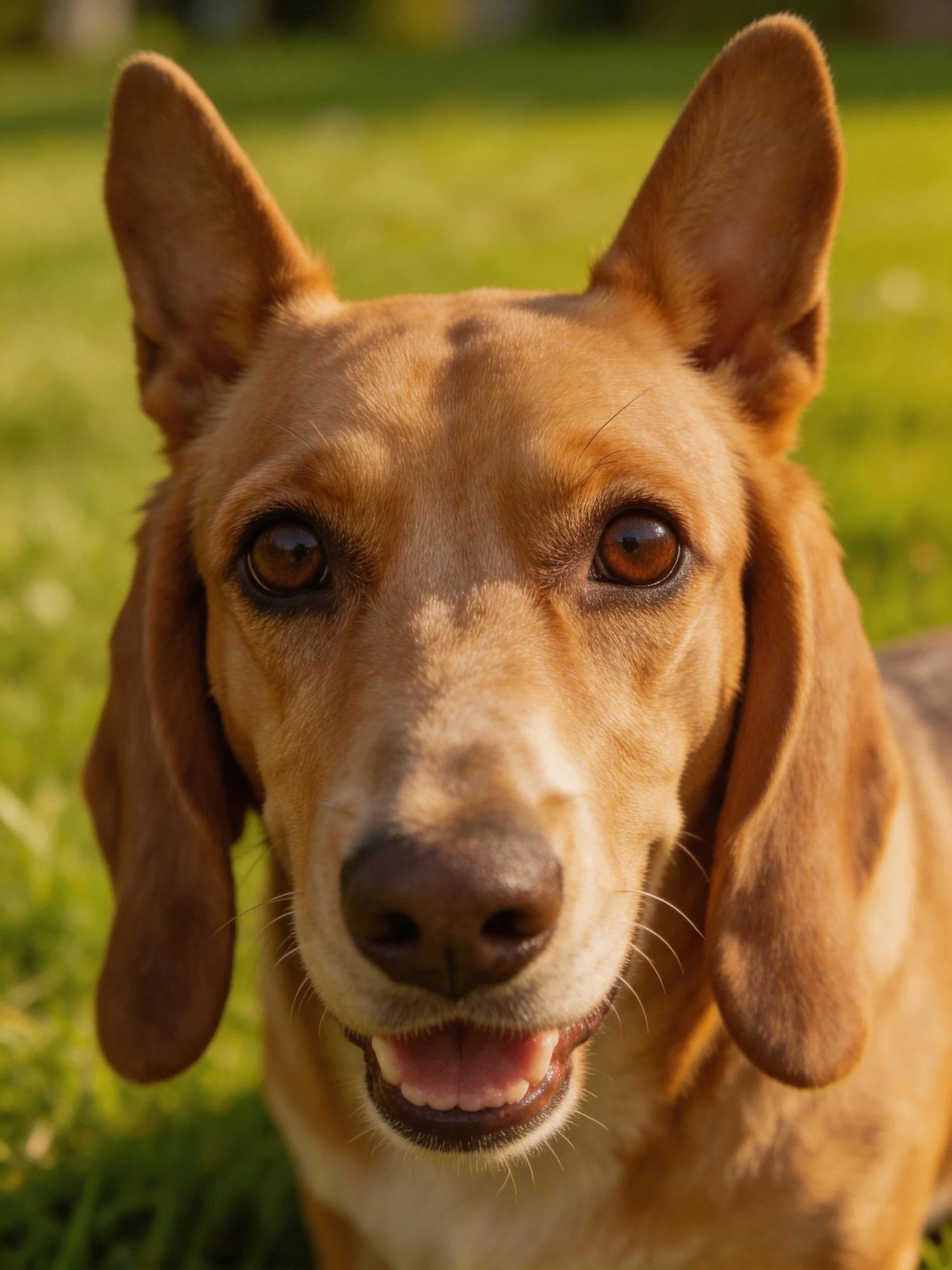 A tan - coated dog with large ears on green grass