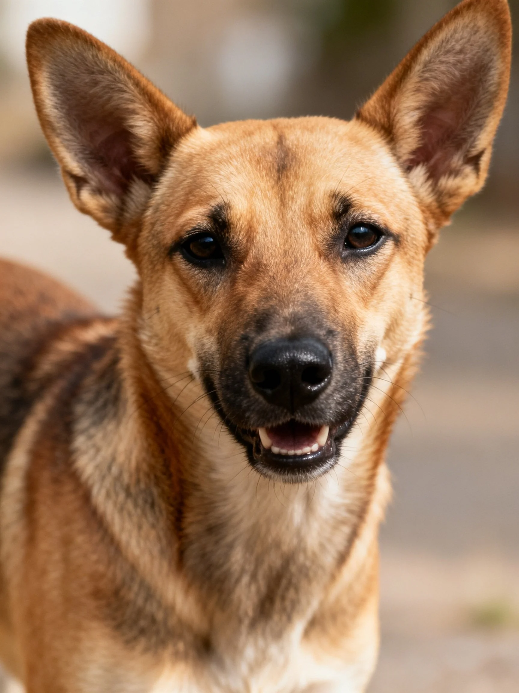 A tan-coated dog with upright ears and dark markings