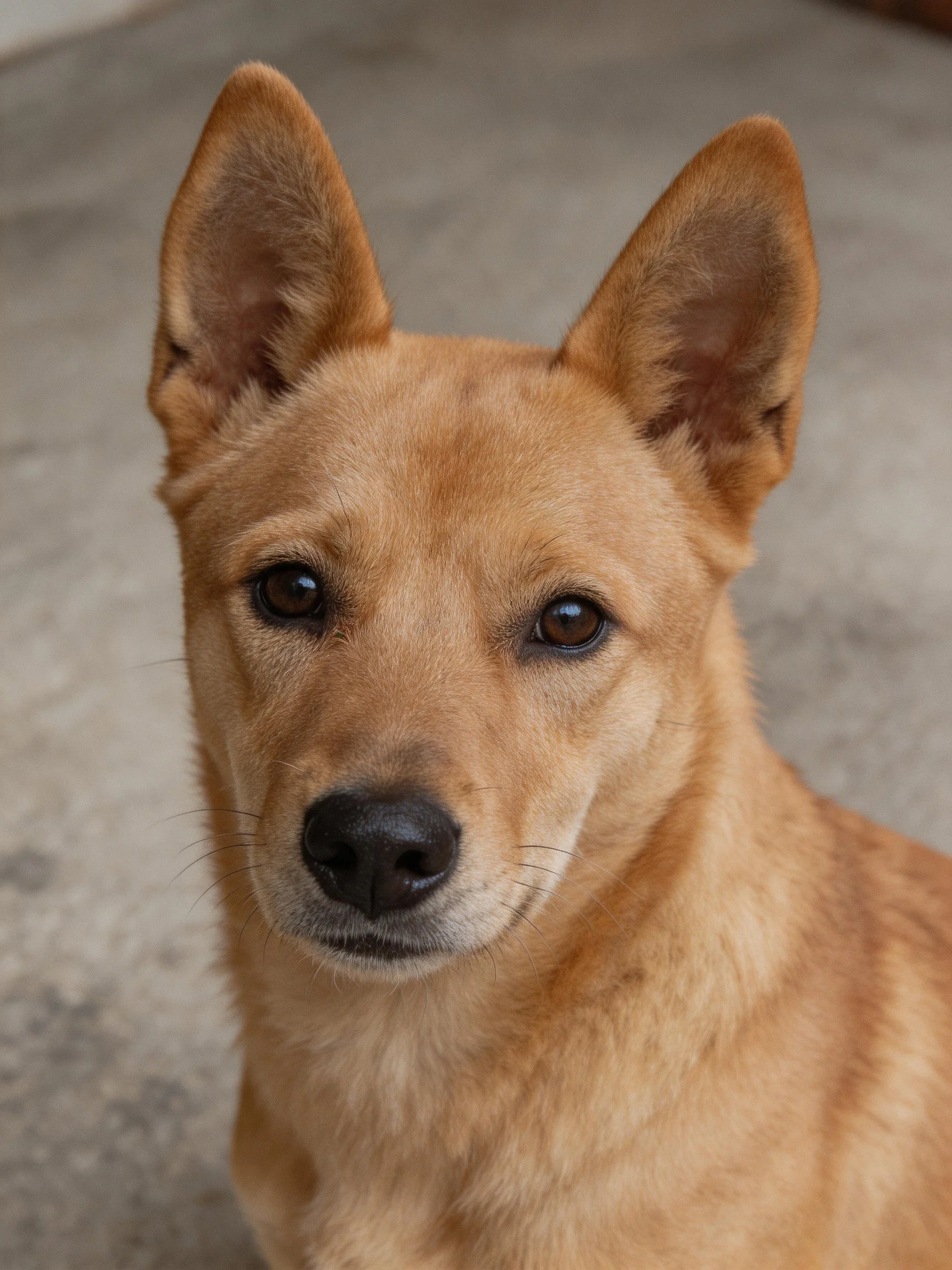 A tan - coated dog with upright ears gazes directly at the camera