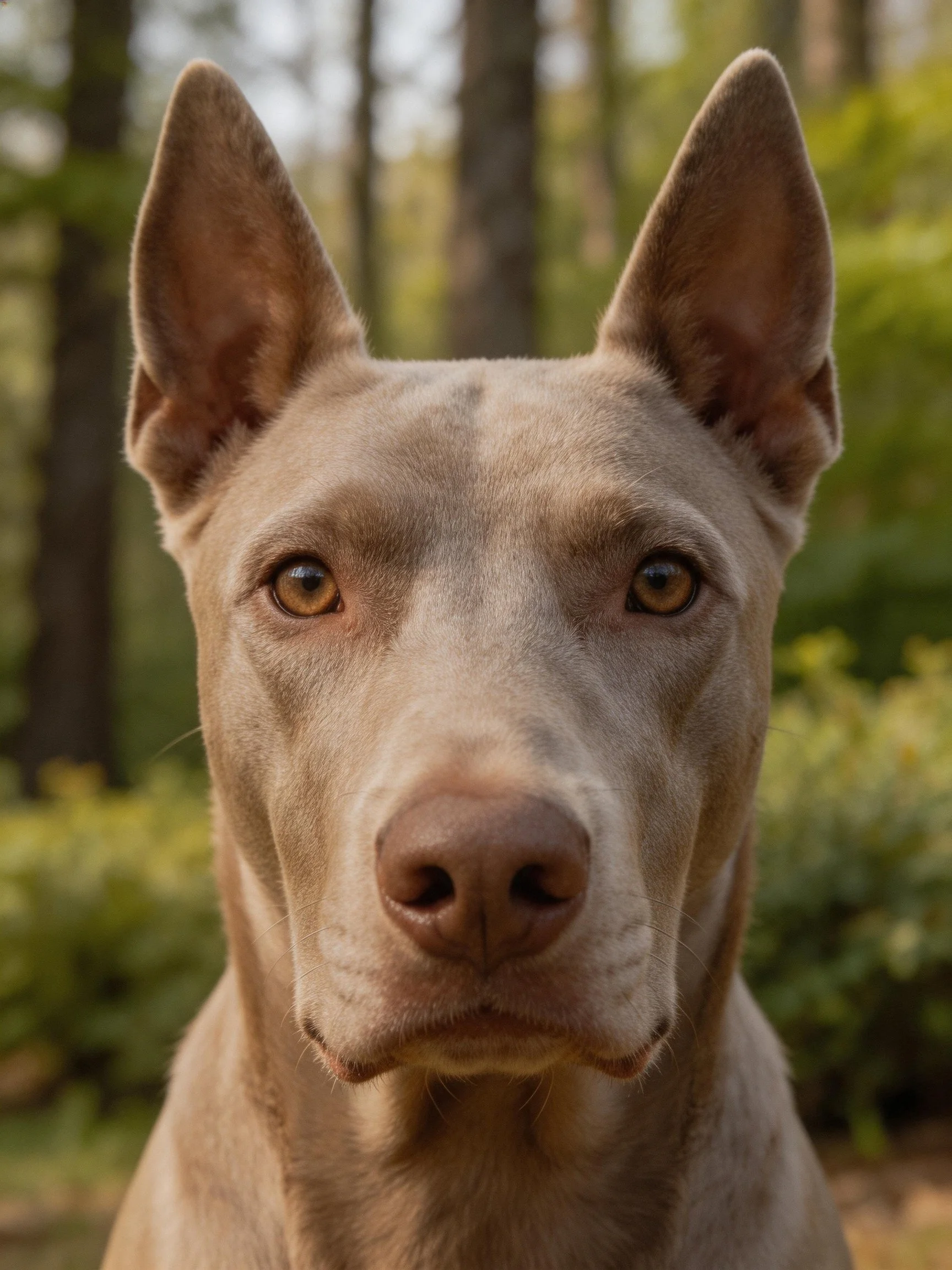 A tan-coated dog with upright ears in a forest setting