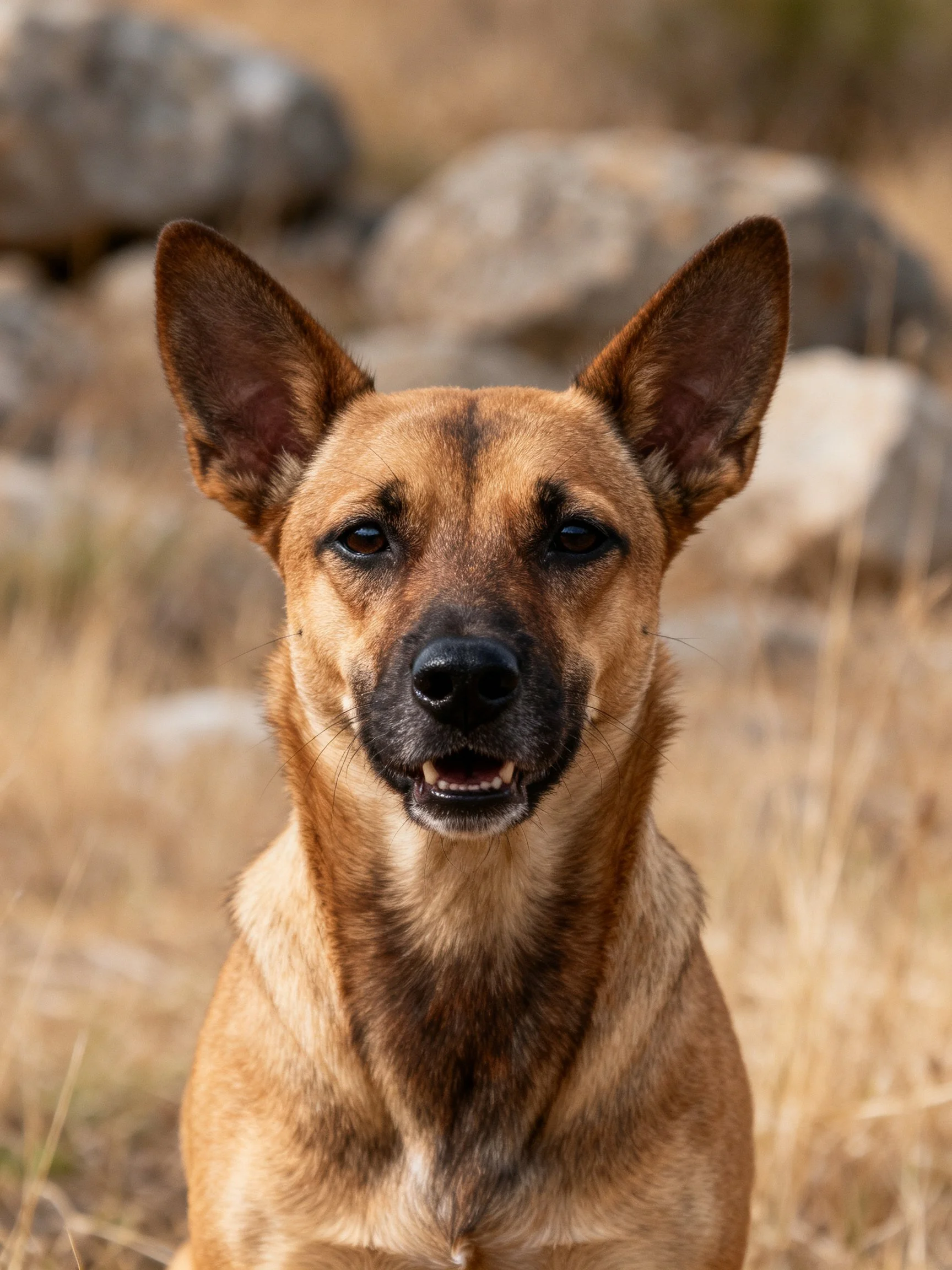 A tan-coated dog with upright ears in a rocky, dry landscape
