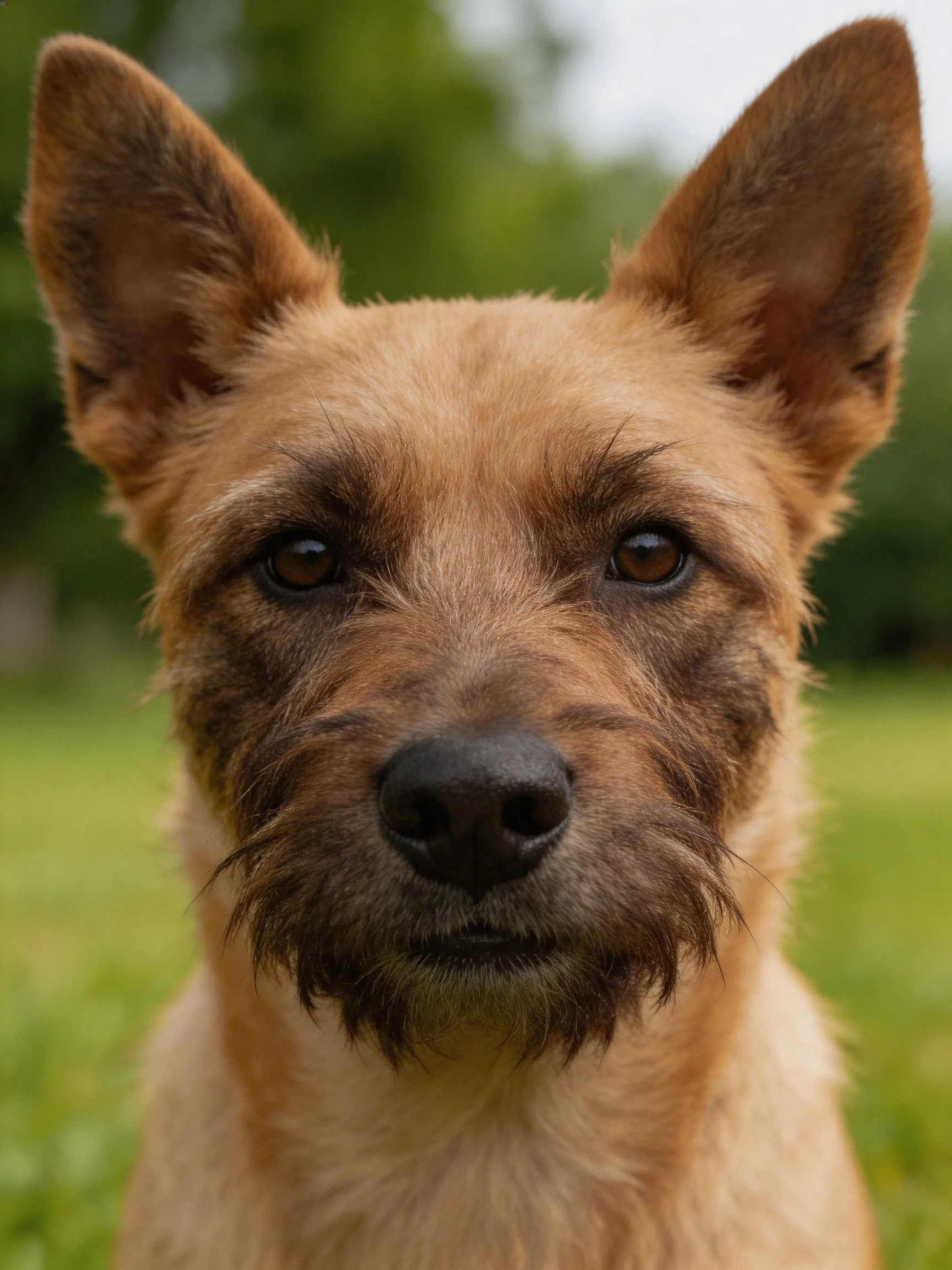 A tan - coated dog with upright ears in an outdoor setting