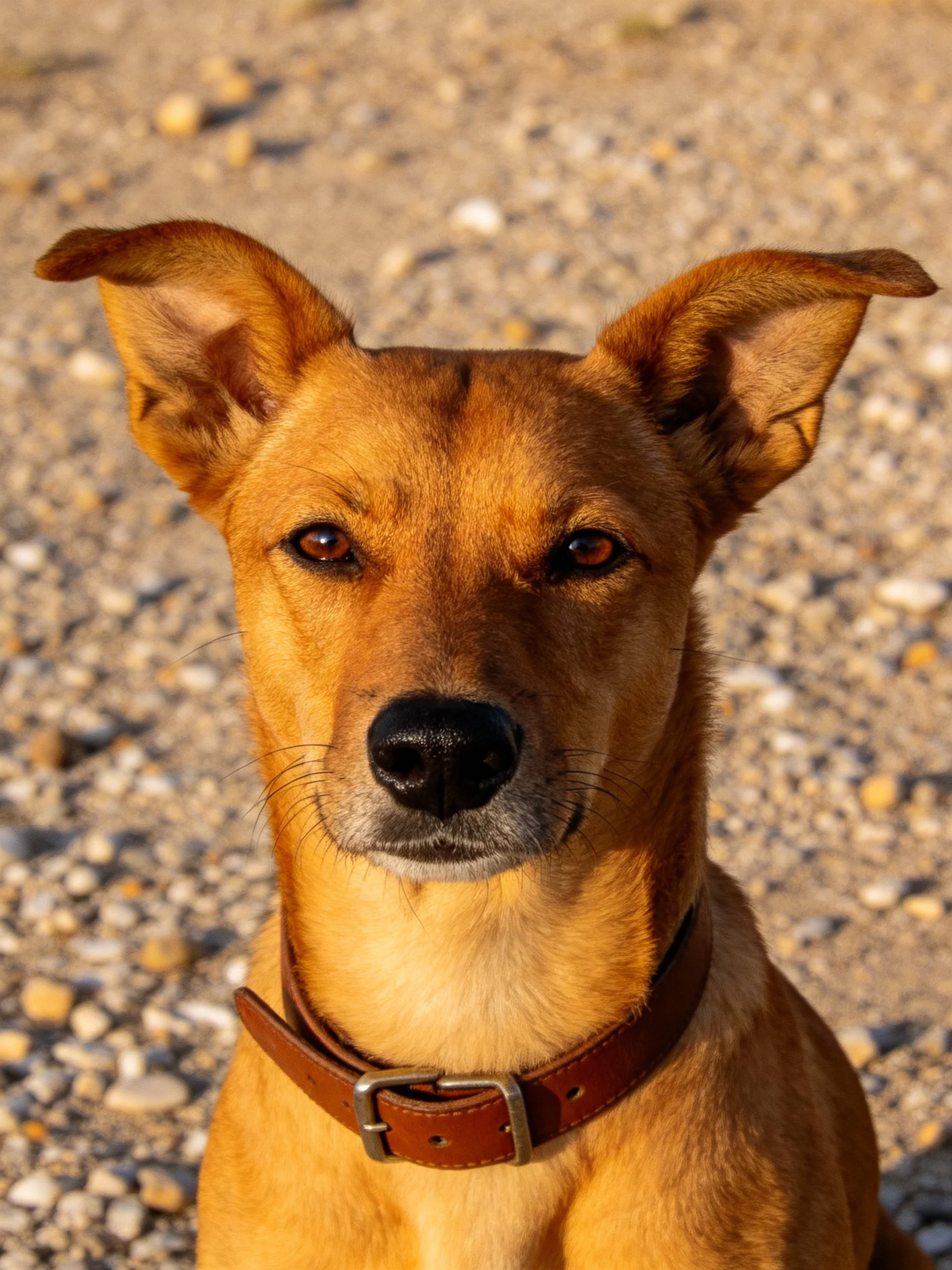 A tan - coated dog with upright ears on a gravel path