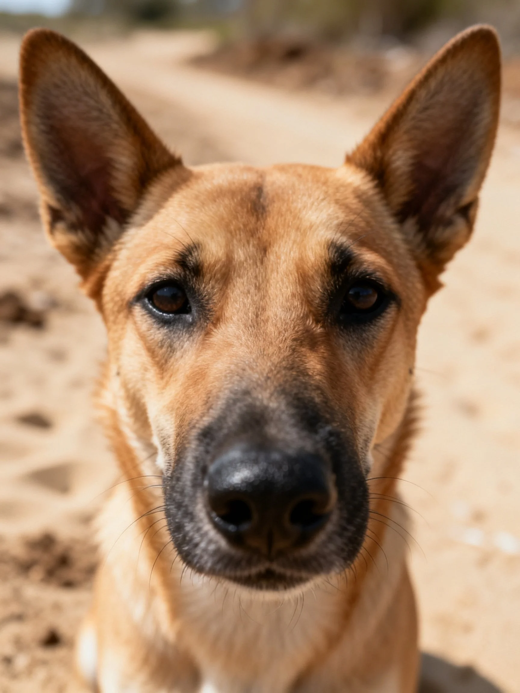 A tan - coated dog with upright ears on sandy ground