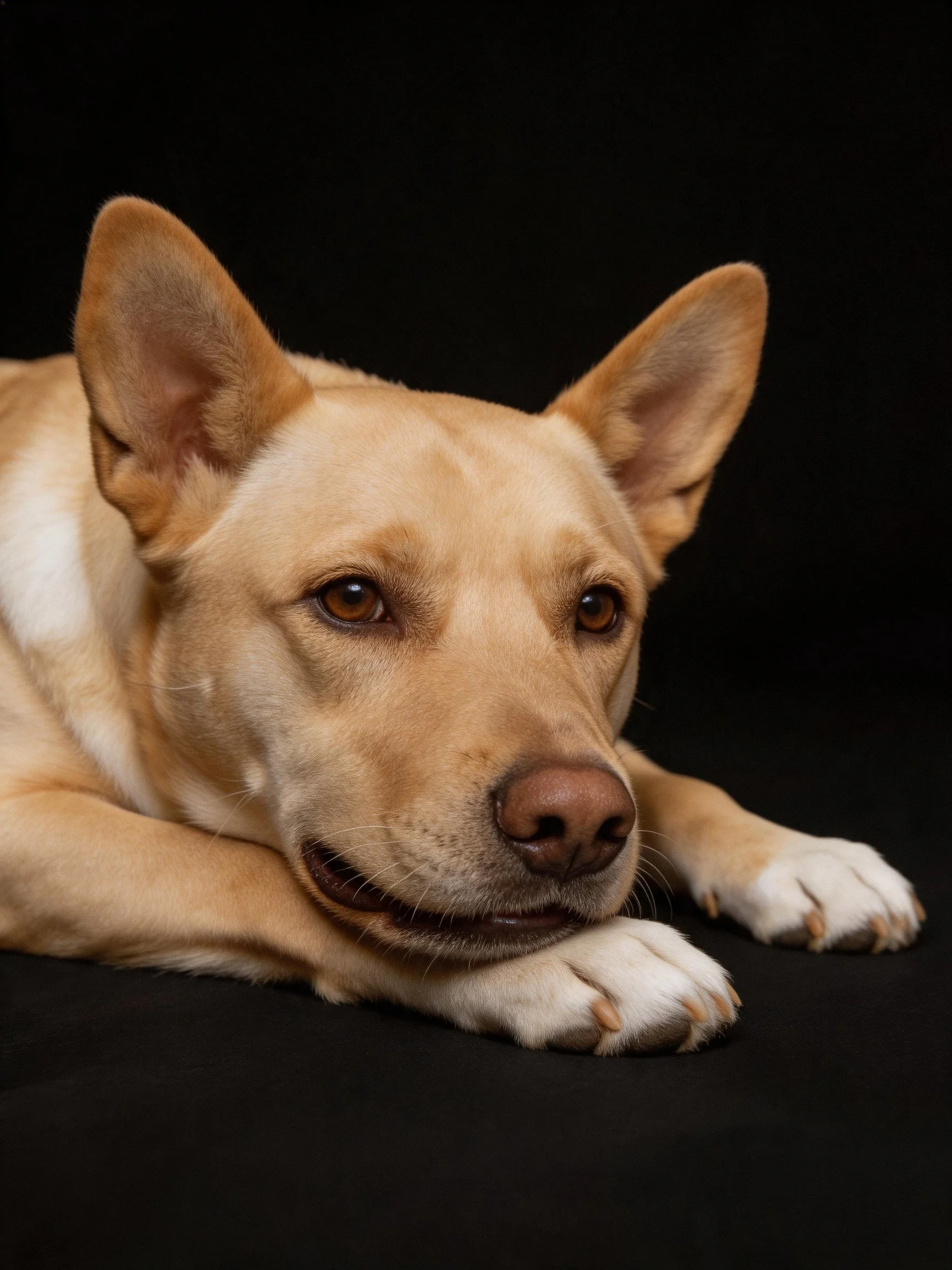A tan dog lies calmly with white paws on a dark surface.