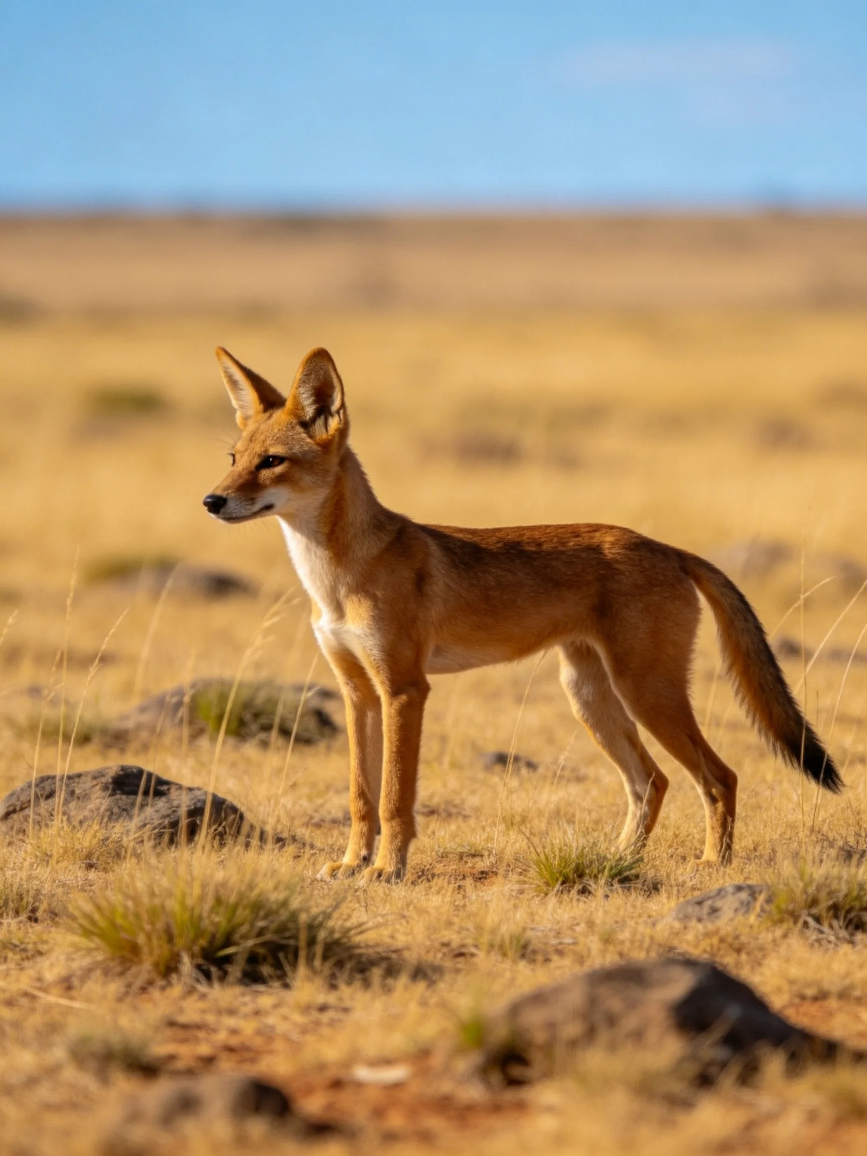 A tan-colored canid standing in an arid, golden landscape