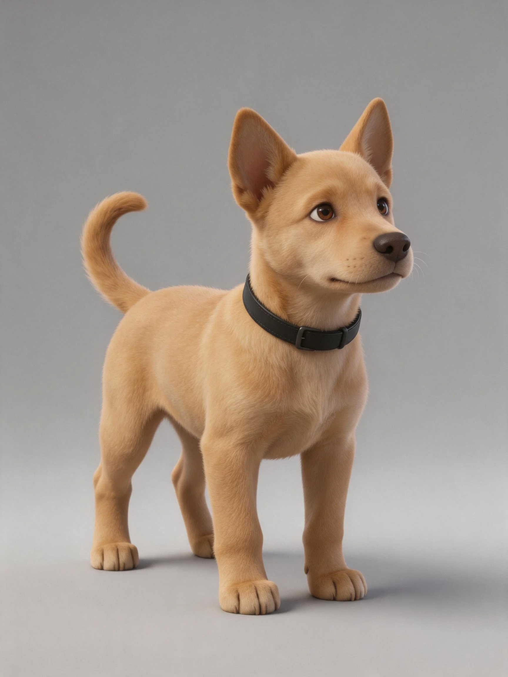 A tan puppy with a black collar stands alone on a plain gray surface.