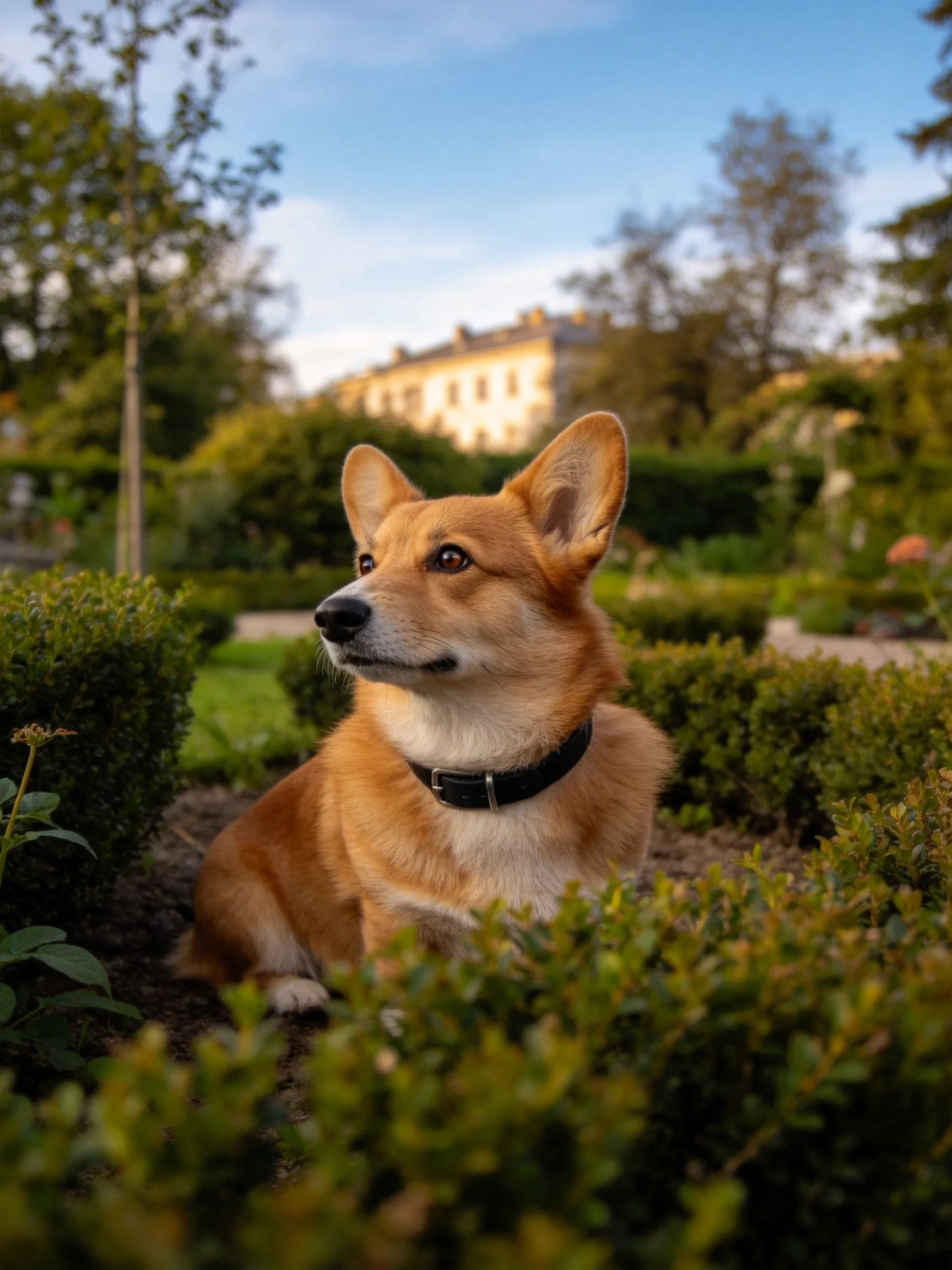 A tan corgi sits among shrubs in a sunlit garden.