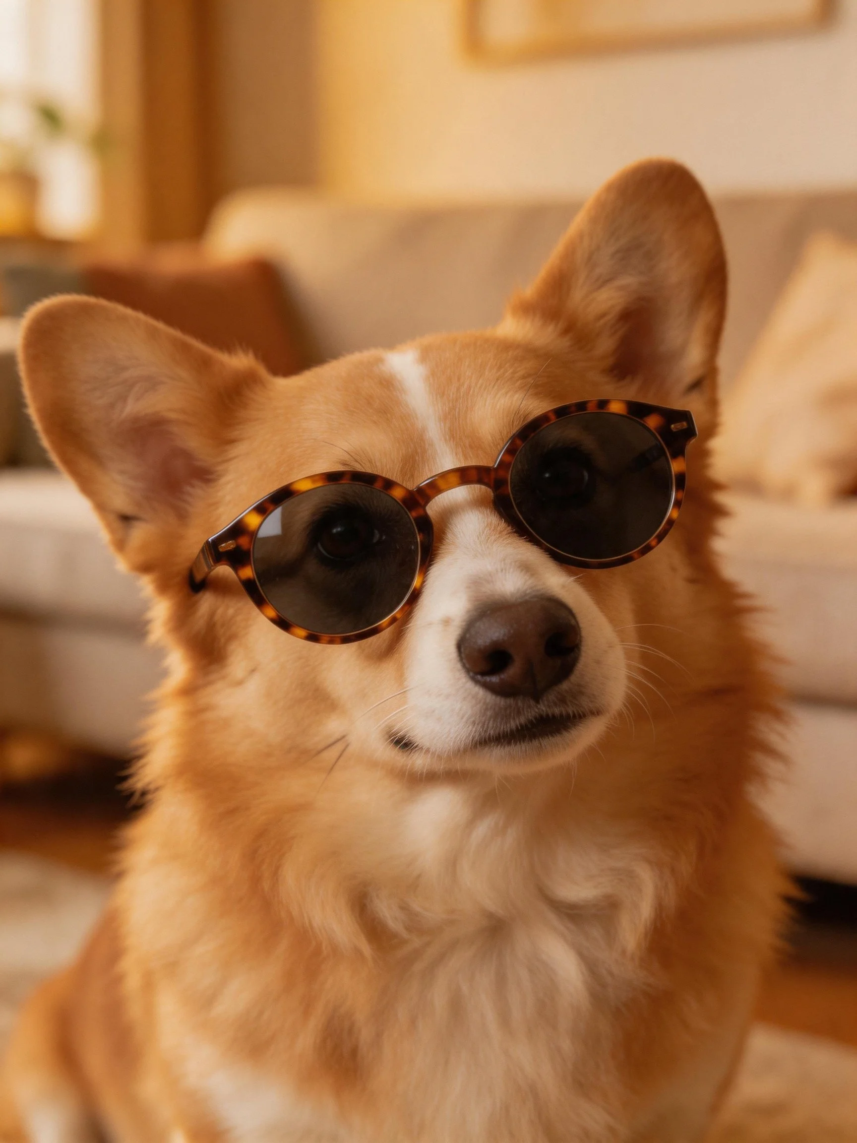 A tan corgi sports tortoiseshell sunglasses in a warmly lit indoor environment.
