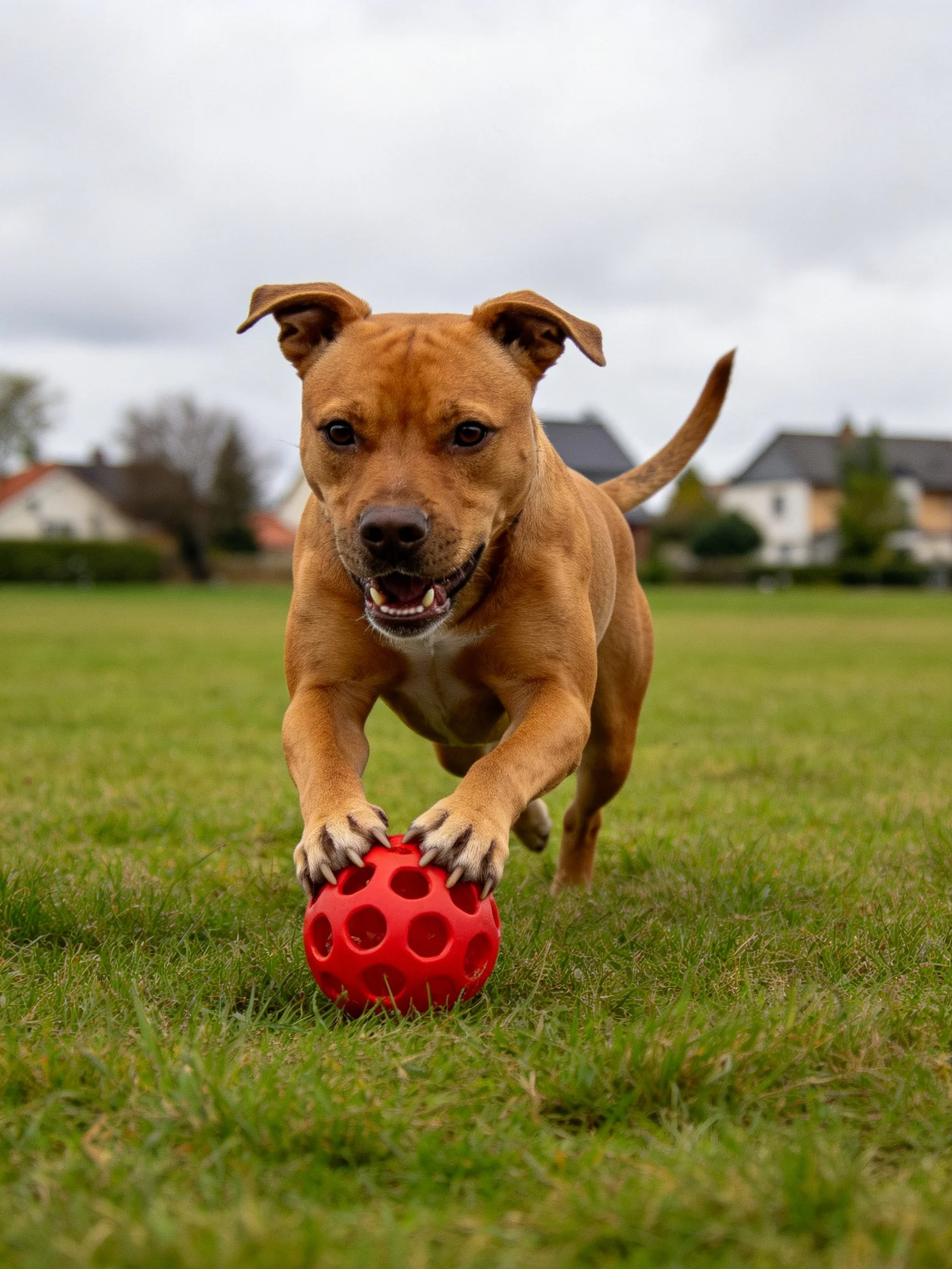 A tan dog chasing a red perforated ball on green grass