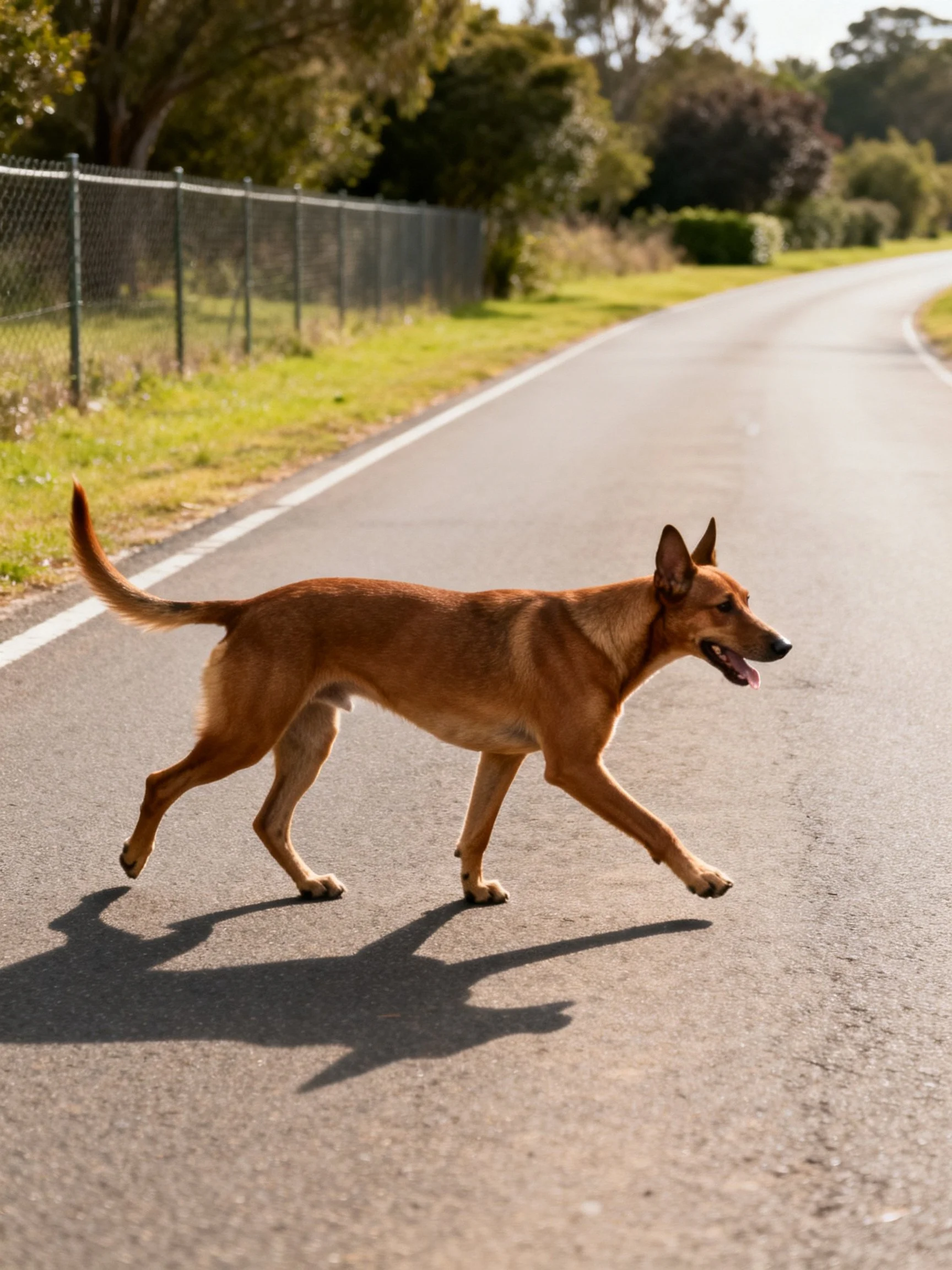A tan dog crosses a paved road near a chain-link fence