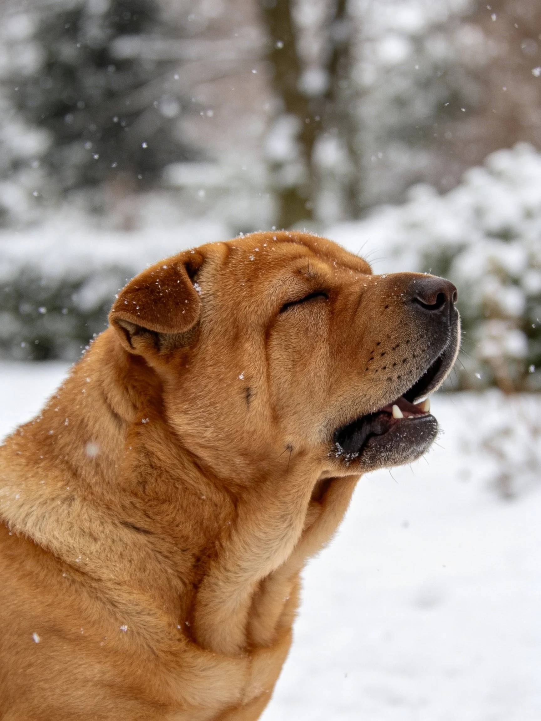 A tan dog enjoys falling snow near snowy trees