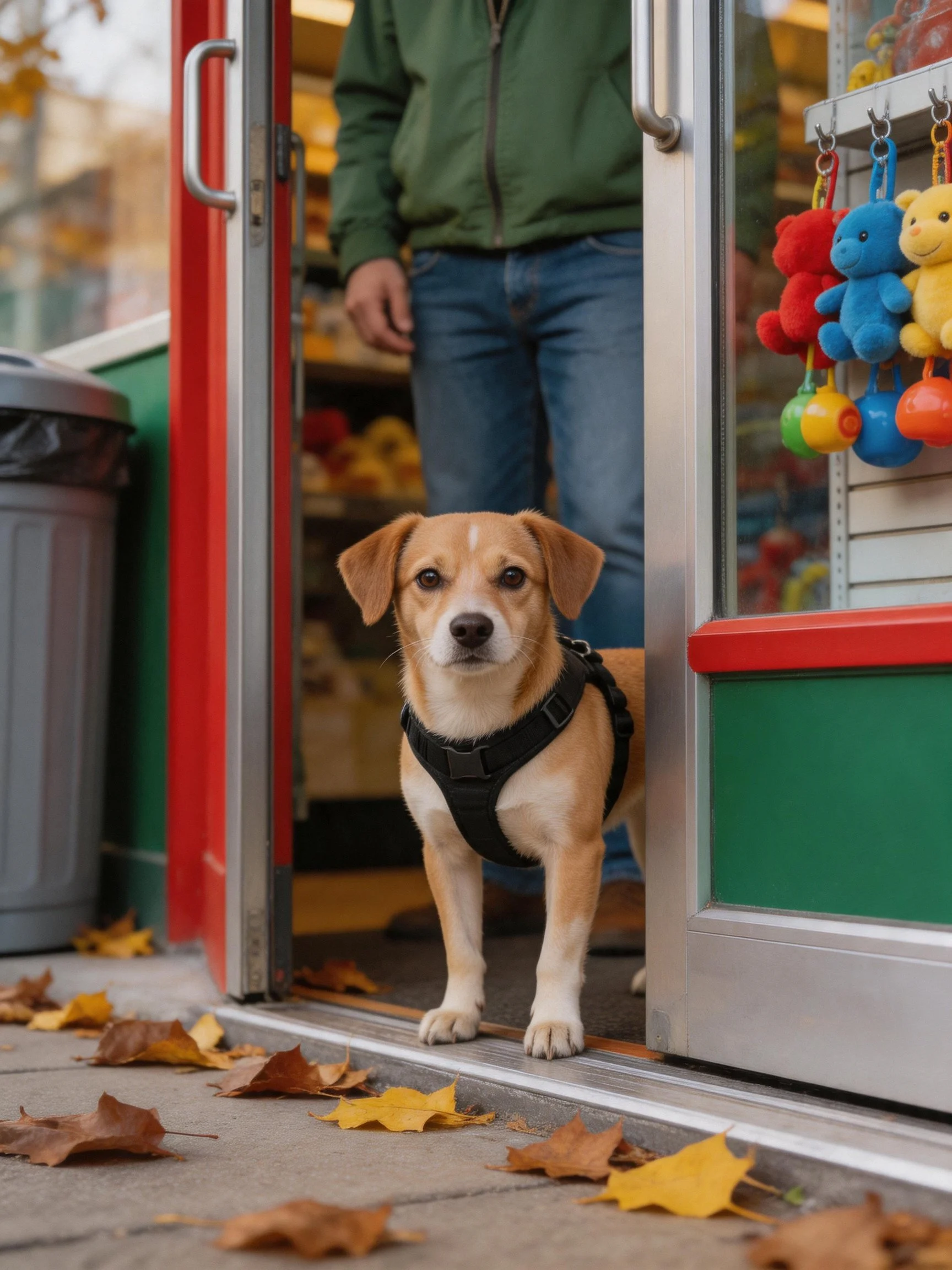 A tan dog steps out of a colorful shop surrounded by fallen autumn leaves